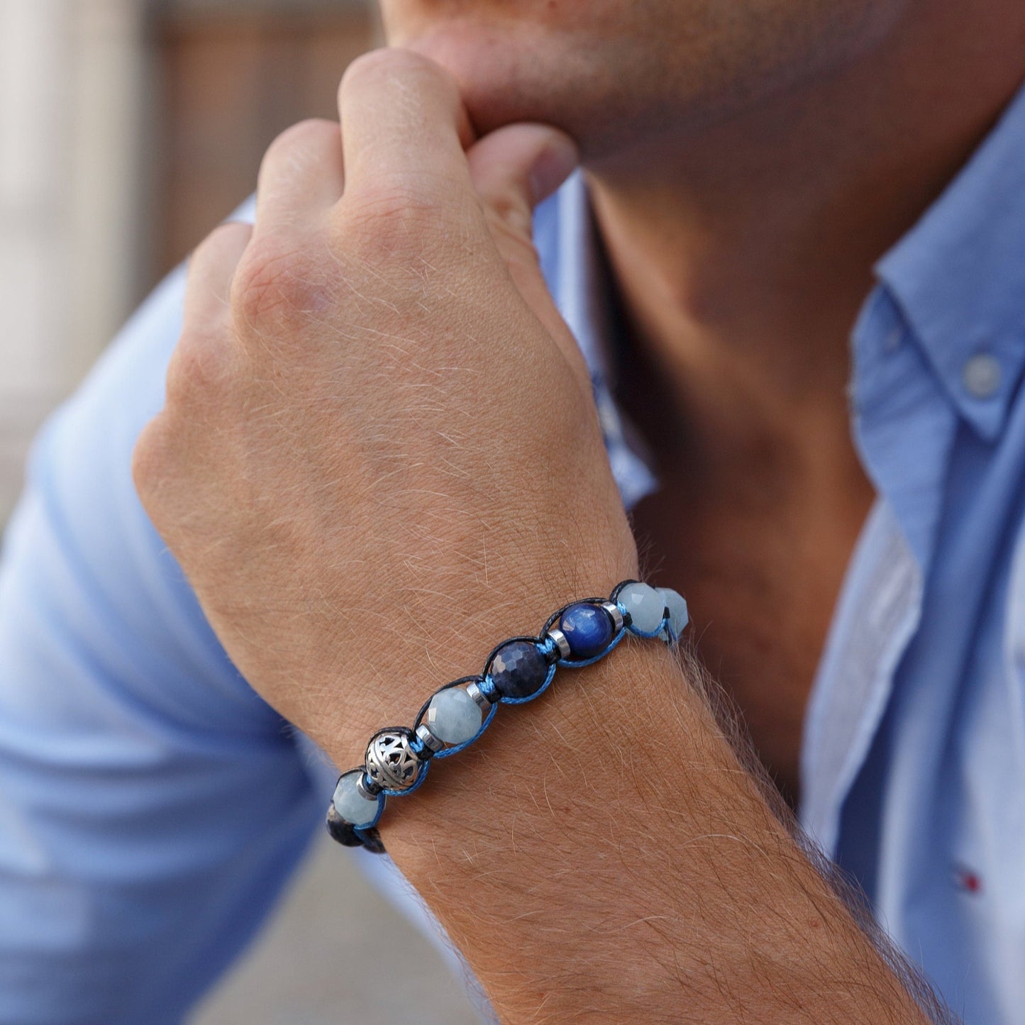 Sapphire Bracelet Men - Men's Kyanite Aquamarine Gemstone Bracelet - 925 Silver Bead Bracelet - Gift foe Men - Adjustable Crystal Bracelet - - Macrame Beaded Bracelet - Birthstone Bracelet - Gemstone Bracelet Men - Chakra Bracelet