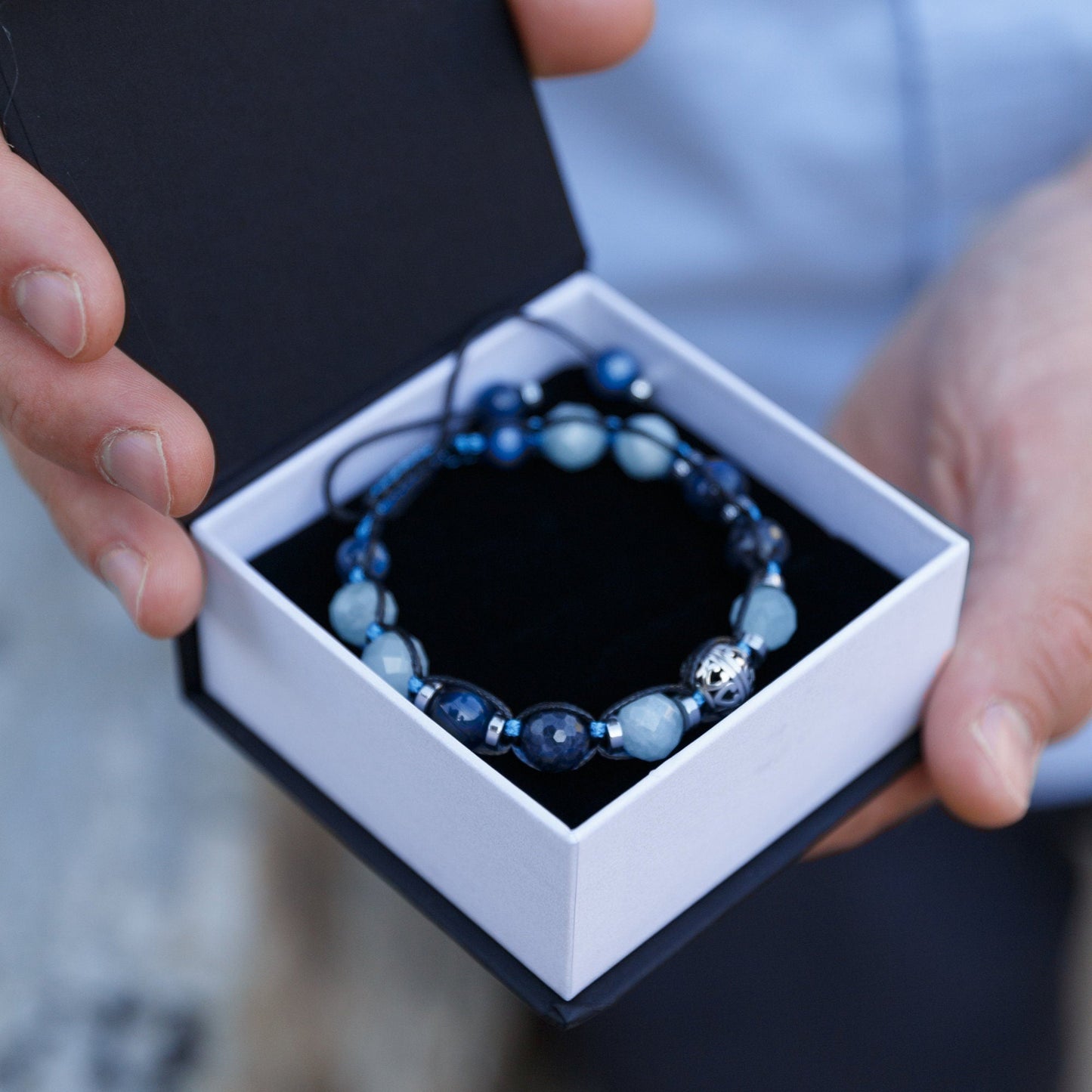 Sapphire Bracelet Men - Men's Kyanite Aquamarine Gemstone Bracelet - 925 Silver Bead Bracelet - Gift foe Men - Adjustable Crystal Bracelet - - Macrame Beaded Bracelet - Birthstone Bracelet - Gemstone Bracelet Men - Chakra Bracelet