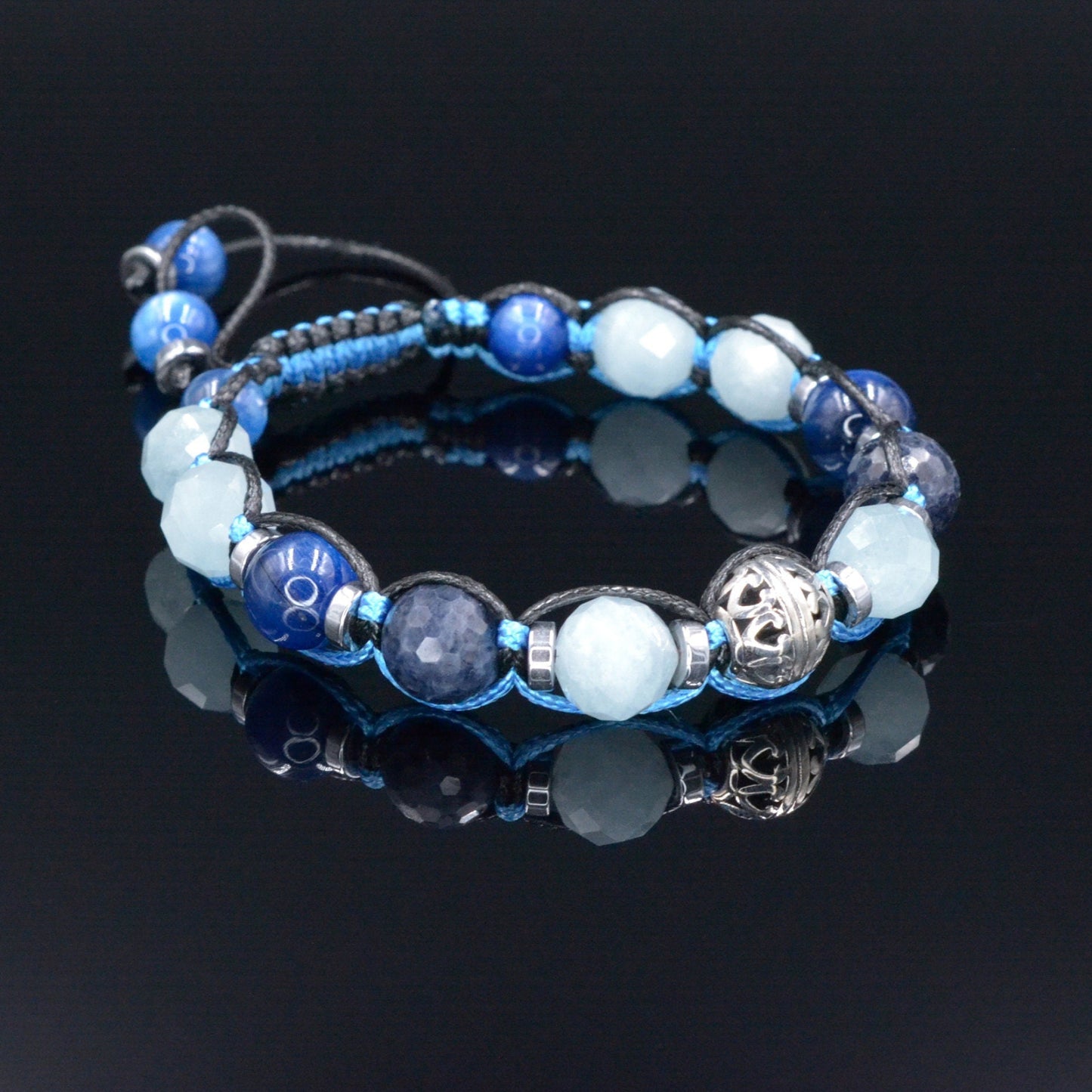 Sapphire Bracelet Men - Men's Kyanite Aquamarine Gemstone Bracelet - 925 Silver Bead Bracelet - Gift foe Men - Adjustable Crystal Bracelet - - Macrame Beaded Bracelet - Birthstone Bracelet - Gemstone Bracelet Men - Chakra Bracelet