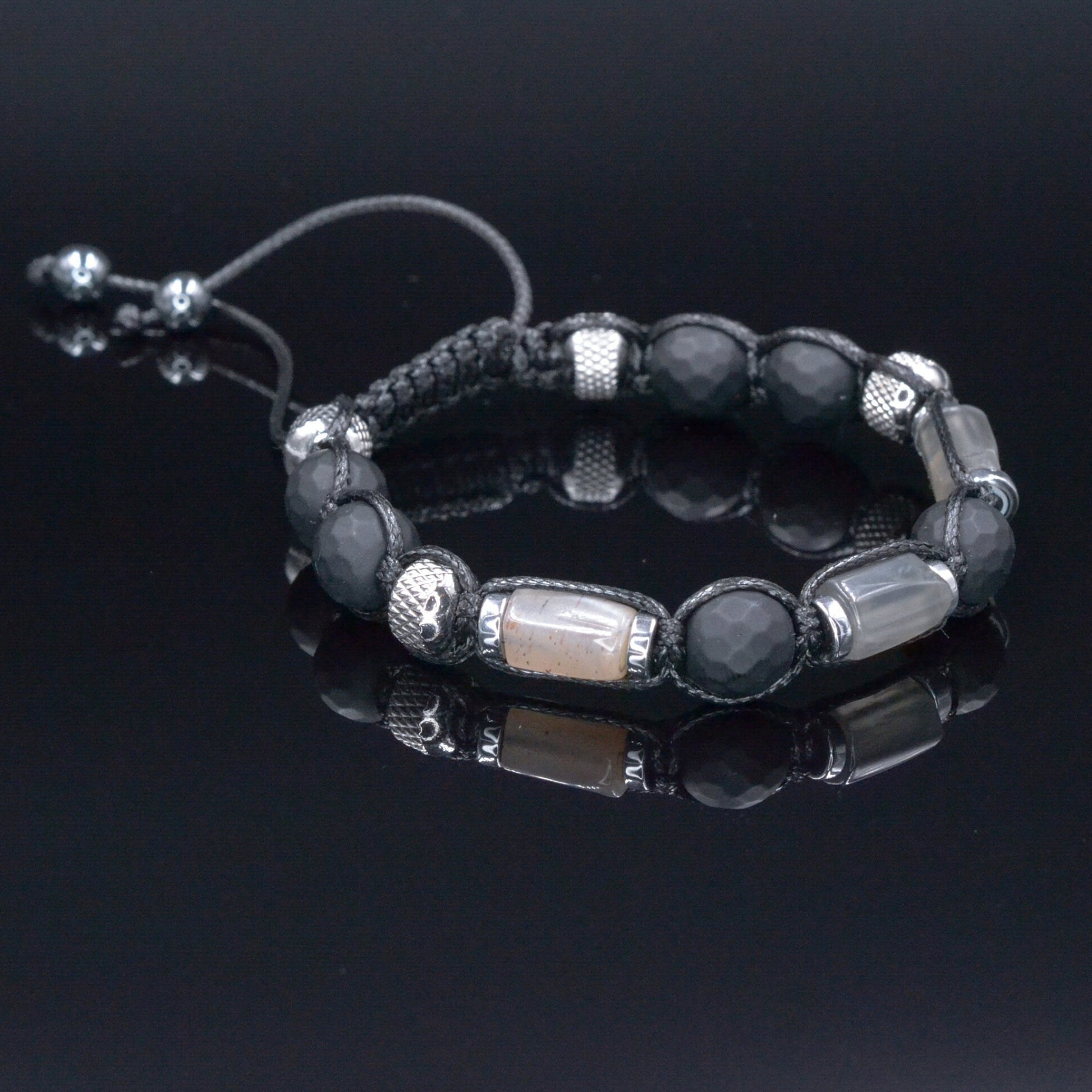 Men's Black Onyx Braided Bracelet, Sunstone Hematite Steel Adjustable Bracelet, Gift for Men, Father's Day Gift, Crystal Amulet Bracelet- Shamballa Bracelet - Birthstone Bracelet - Gemstone Bracelet Men - Chakra Bracelet - Macrame Bracelet - Healing Bracelet - Valinde