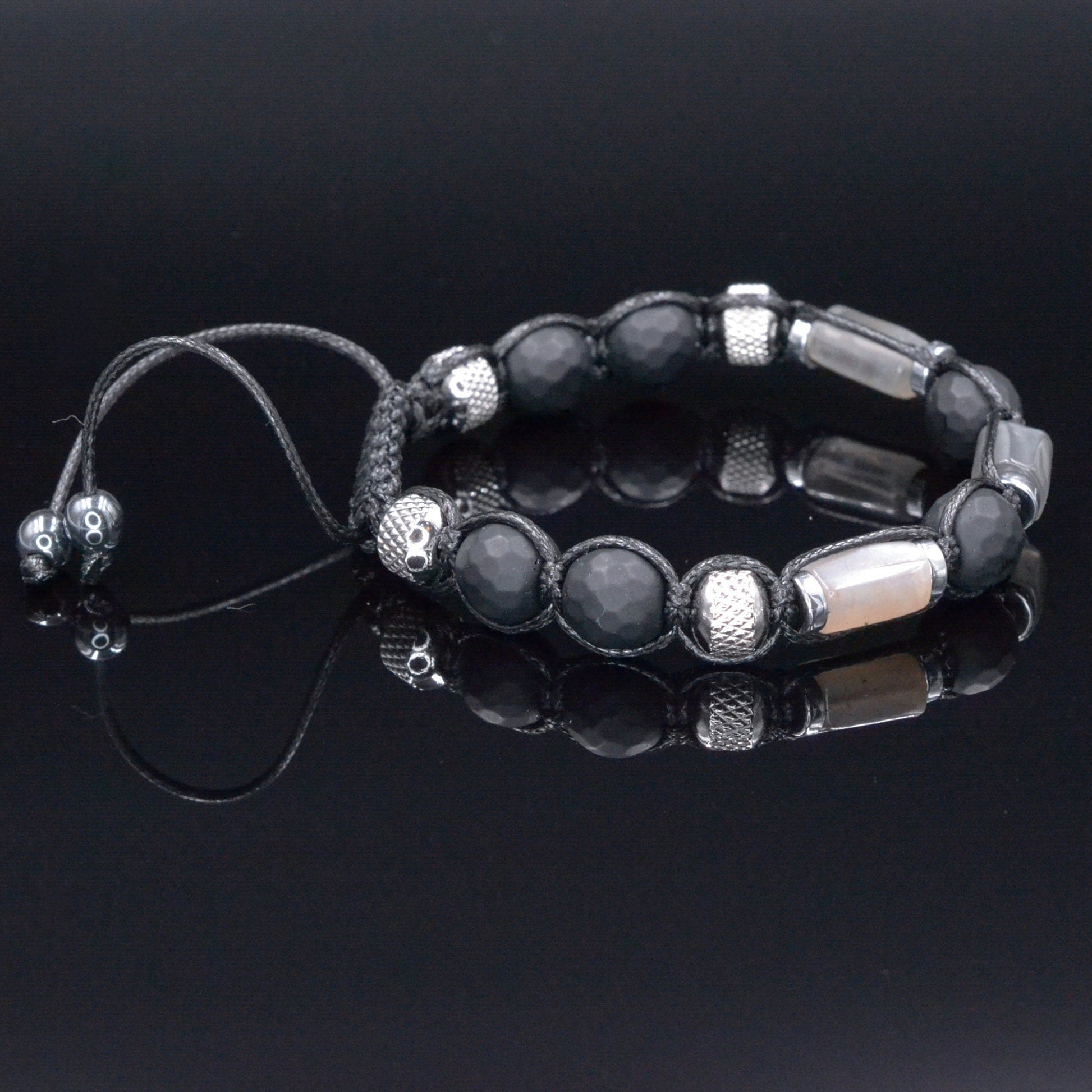 Men's Black Onyx Braided Bracelet, Sunstone Hematite Steel Adjustable Bracelet, Gift for Men, Father's Day Gift, Crystal Amulet Bracelet- Shamballa Bracelet - Birthstone Bracelet - Gemstone Bracelet Men - Chakra Bracelet - Macrame Bracelet - Healing Bracelet - Valinde