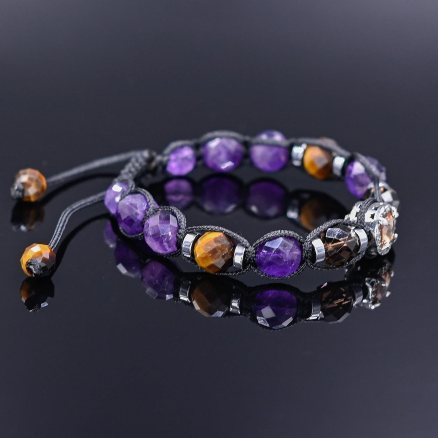 Men's Amethyst & Smoky Quartz Crystal Bracelet, Tiger's Eye 925 Silver Bead Bracelet, Adjustable Gemstone Birthstone Bracelet,Gift for Him- Shamballa Bracelet - Mantra Bracelet - Yoga Bracelet - Birthstone Bracelet - Gemstone Bracelet Men - Chakra Bracelet - Macrame Bracelet - Healing Bracelet - Gift for Father - Gift For Men - Valinde