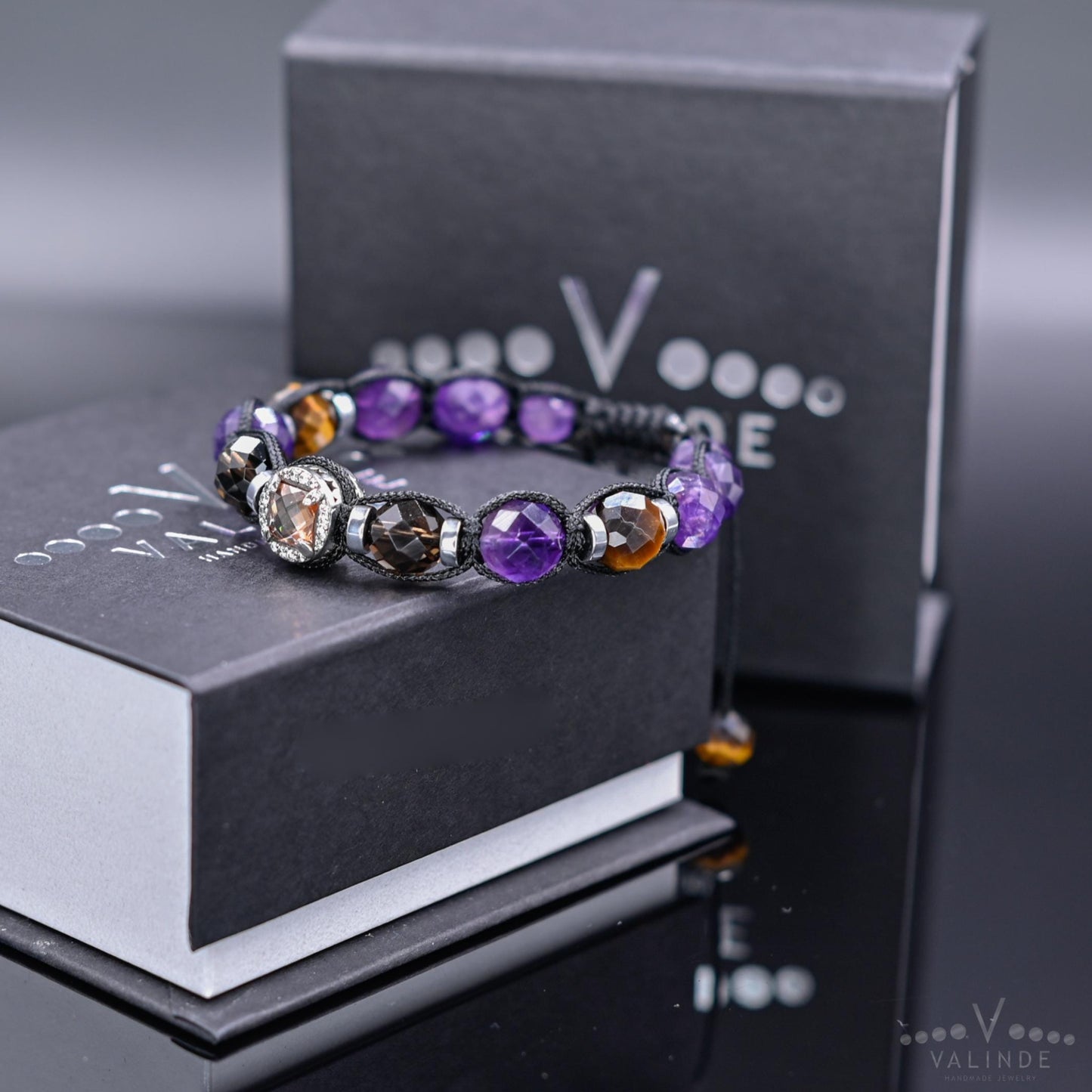 Men's Amethyst & Smoky Quartz Crystal Bracelet, Tiger's Eye 925 Silver Bead Bracelet, Adjustable Gemstone Birthstone Bracelet,Gift for Him- Shamballa Bracelet - Mantra Bracelet - Yoga Bracelet - Birthstone Bracelet - Gemstone Bracelet Men - Chakra Bracelet - Macrame Bracelet - Healing Bracelet - Gift for Father - Gift For Men - Valinde