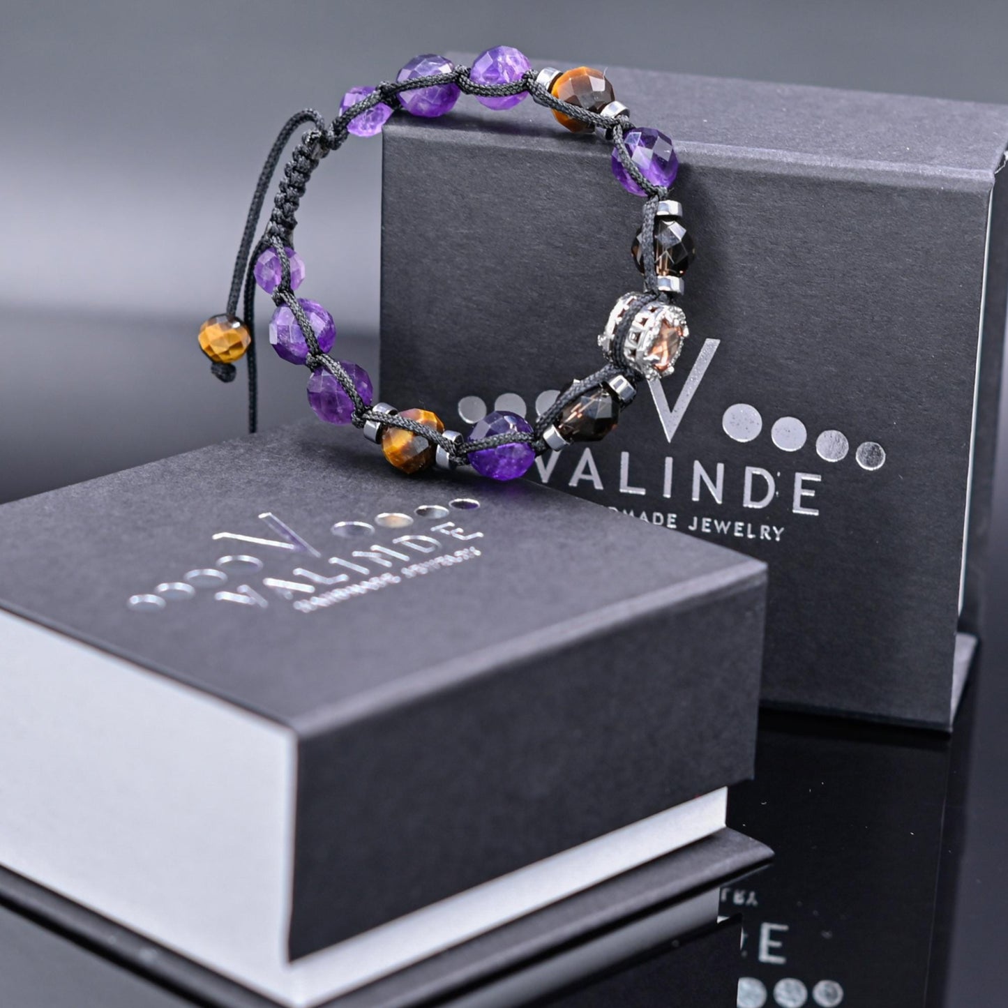Men's Amethyst & Smoky Quartz Crystal Bracelet, Tiger's Eye 925 Silver Bead Bracelet, Adjustable Gemstone Birthstone Bracelet,Gift for Him- Shamballa Bracelet - Mantra Bracelet - Yoga Bracelet - Birthstone Bracelet - Gemstone Bracelet Men - Chakra Bracelet - Macrame Bracelet - Healing Bracelet - Gift for Father - Gift For Men - Valinde