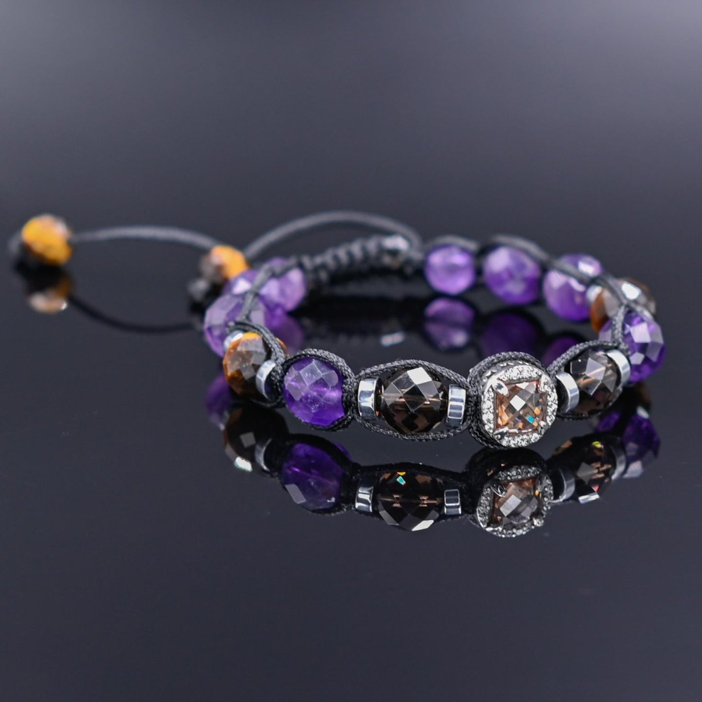 Men's Amethyst & Smoky Quartz Crystal Bracelet, Tiger's Eye 925 Silver Bead Bracelet, Adjustable Gemstone Birthstone Bracelet,Gift for Him- Shamballa Bracelet - Mantra Bracelet - Yoga Bracelet - Birthstone Bracelet - Gemstone Bracelet Men - Chakra Bracelet - Macrame Bracelet - Healing Bracelet - Gift for Father - Gift For Men - Valinde