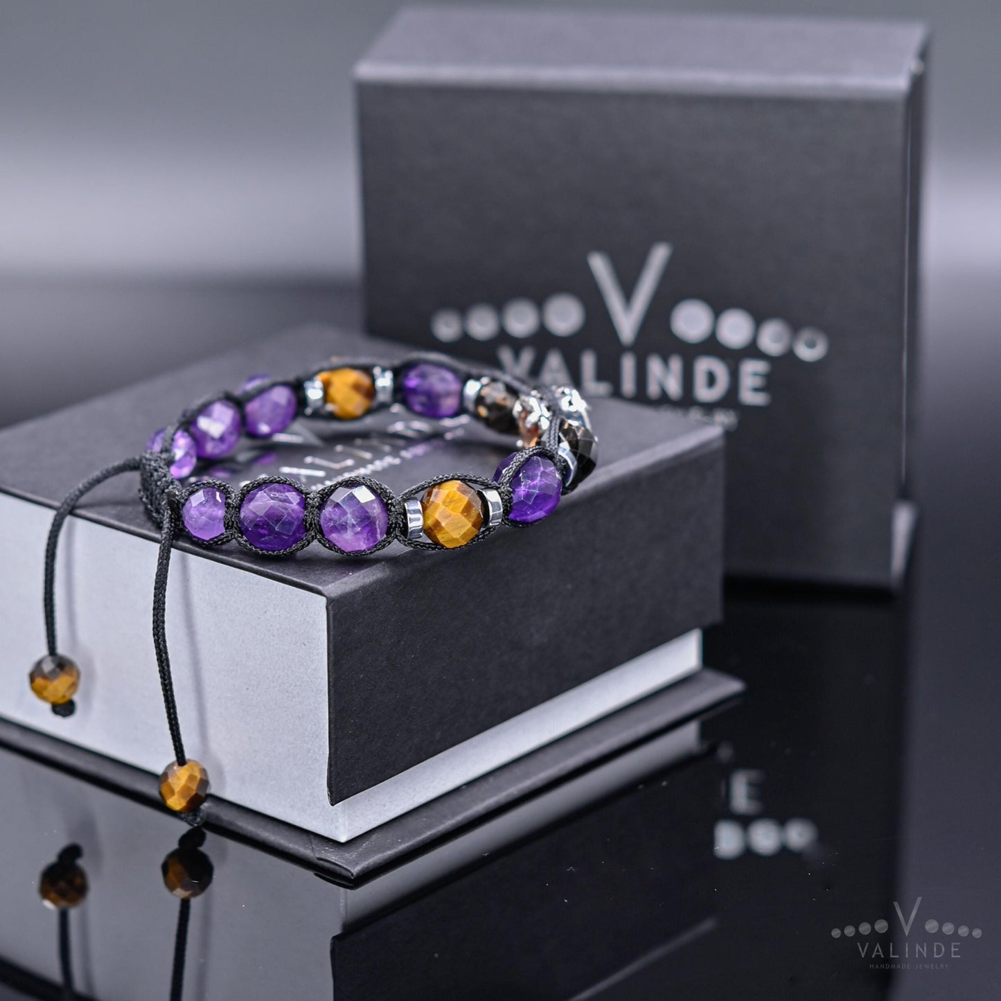Men's Amethyst & Smoky Quartz Crystal Bracelet, Tiger's Eye 925 Silver Bead Bracelet, Adjustable Gemstone Birthstone Bracelet,Gift for Him- Shamballa Bracelet - Mantra Bracelet - Yoga Bracelet - Birthstone Bracelet - Gemstone Bracelet Men - Chakra Bracelet - Macrame Bracelet - Healing Bracelet - Gift for Father - Gift For Men - Valinde