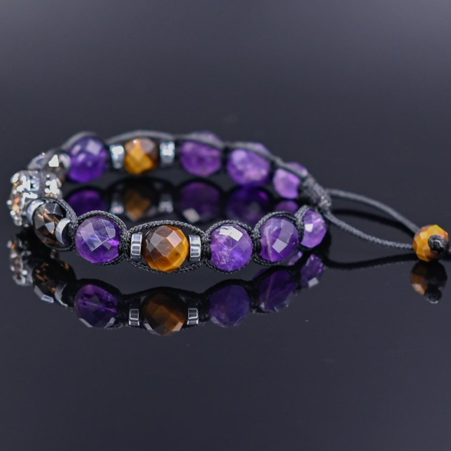 Men's Amethyst & Smoky Quartz Crystal Bracelet, Tiger's Eye 925 Silver Bead Bracelet, Adjustable Gemstone Birthstone Bracelet,Gift for Him- Shamballa Bracelet - Mantra Bracelet - Yoga Bracelet - Birthstone Bracelet - Gemstone Bracelet Men - Chakra Bracelet - Macrame Bracelet - Healing Bracelet - Gift for Father - Gift For Men - Valinde
