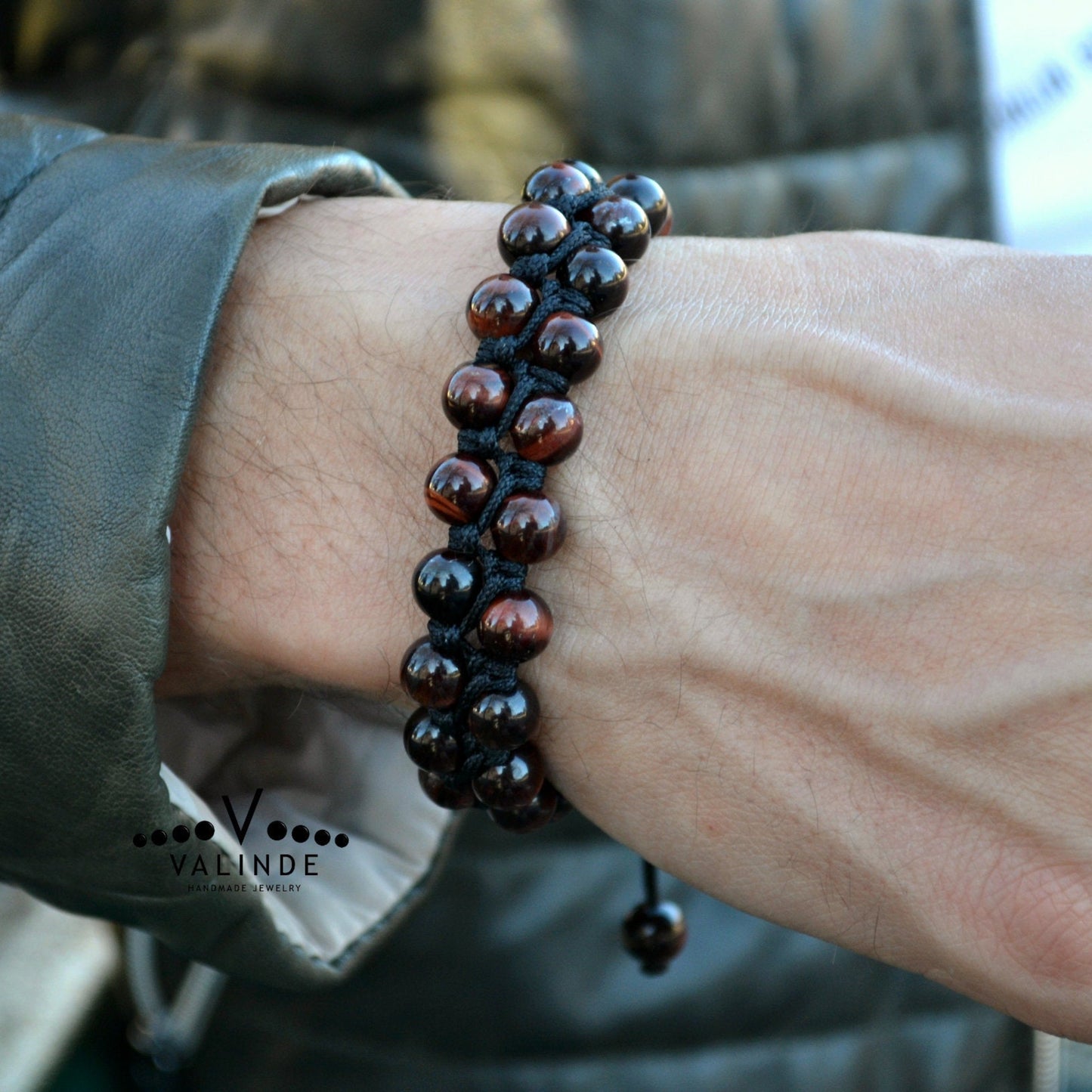 Red Tiger's Eye Double Bracelet, Men's Gemstone Beaded Adjustable Macrame Bracelet, Gift for Men, Tiger Eye Bracelet, Stone Bracelet - Shamballa Bracelet - Mantra Bracelet - Yoga Bracelet - Birthstone Bracelet - Gemstone Bracelet Men - Chakra Bracelet - Macrame Bracelet - Healing Bracelet - Gift for Father - Gift For Men - Valinde