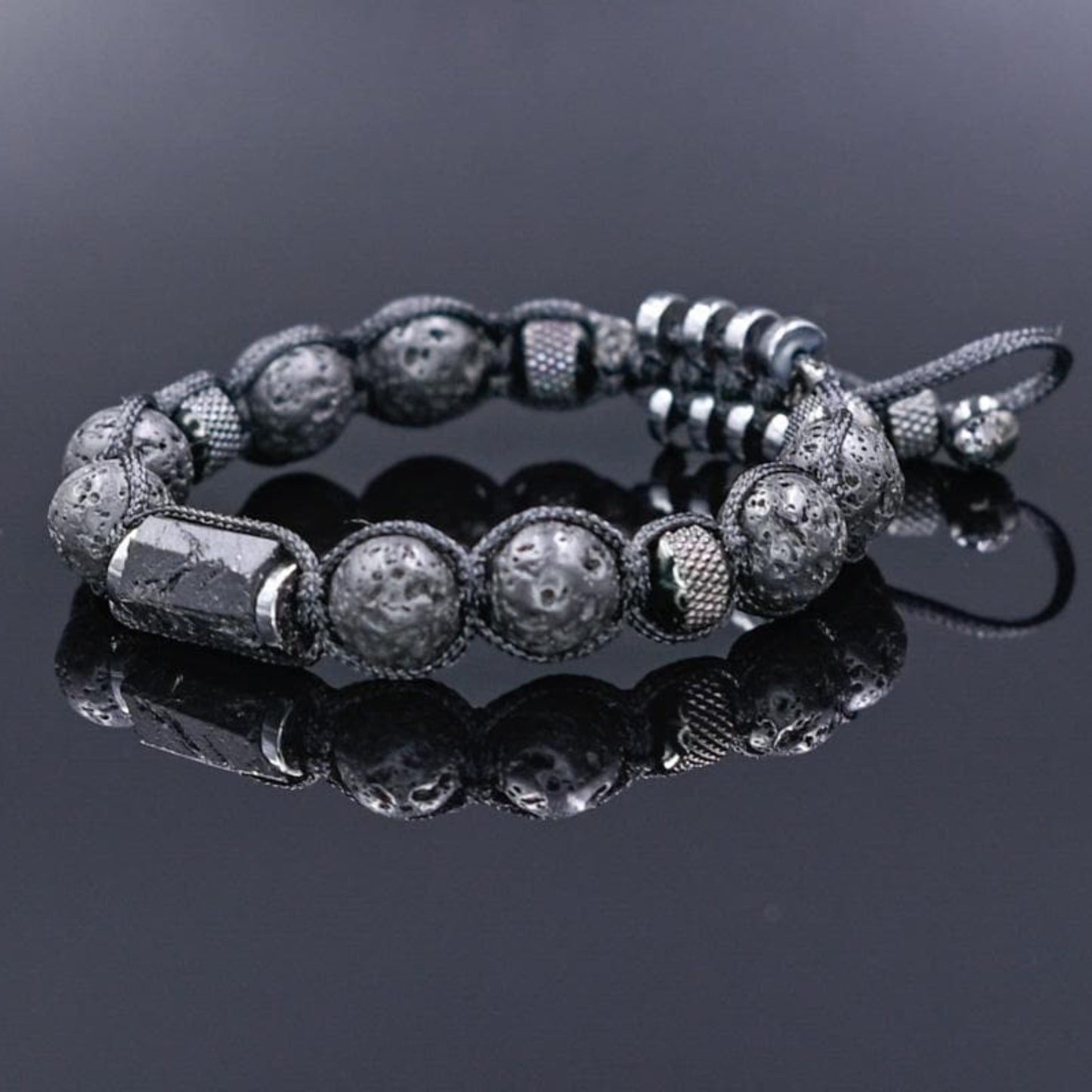 Black Tourmaline Lava Rock Steel Beaded Bracelet for Men, Lava Stone Braided Adjustable Bracelet, Gift for Him, Anniversary Gift, Men's Gift - Shamballa Bracelet - Birthstone Bracelet - Gemstone Bracelet Men - Chakra Bracelet - Macrame Bracelet - Healing Bracelet - Valinde