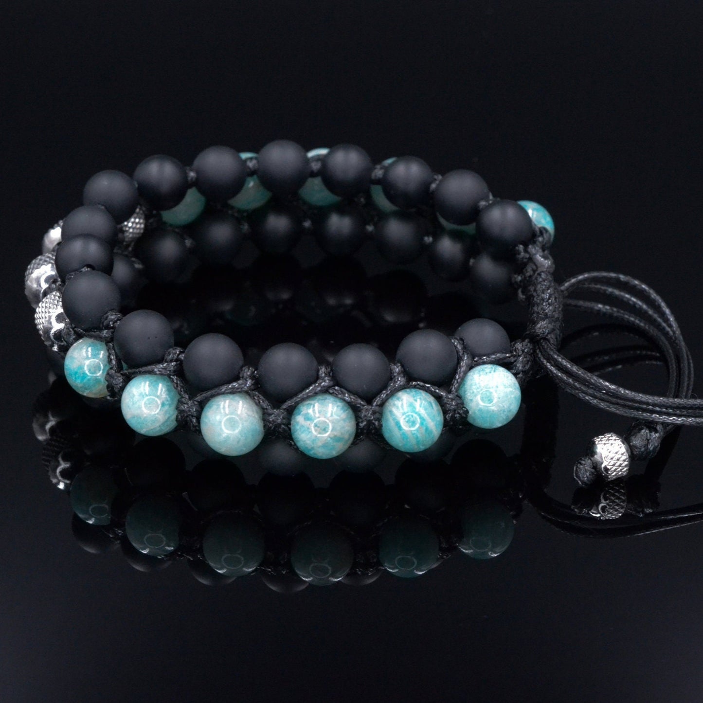 Amazonite Triple Bracelet for Men - Men's Steel Beads Bracelet - Three Row Adjustable Macrame Bracelet -Black Onyx Bracelet - Gift for Men - Shamballa Bracelet - Birthstone Bracelet - Gemstone Bracelet Men - Chakra Bracelet - Macrame Bracelet - Healing Bracelet - Valinde