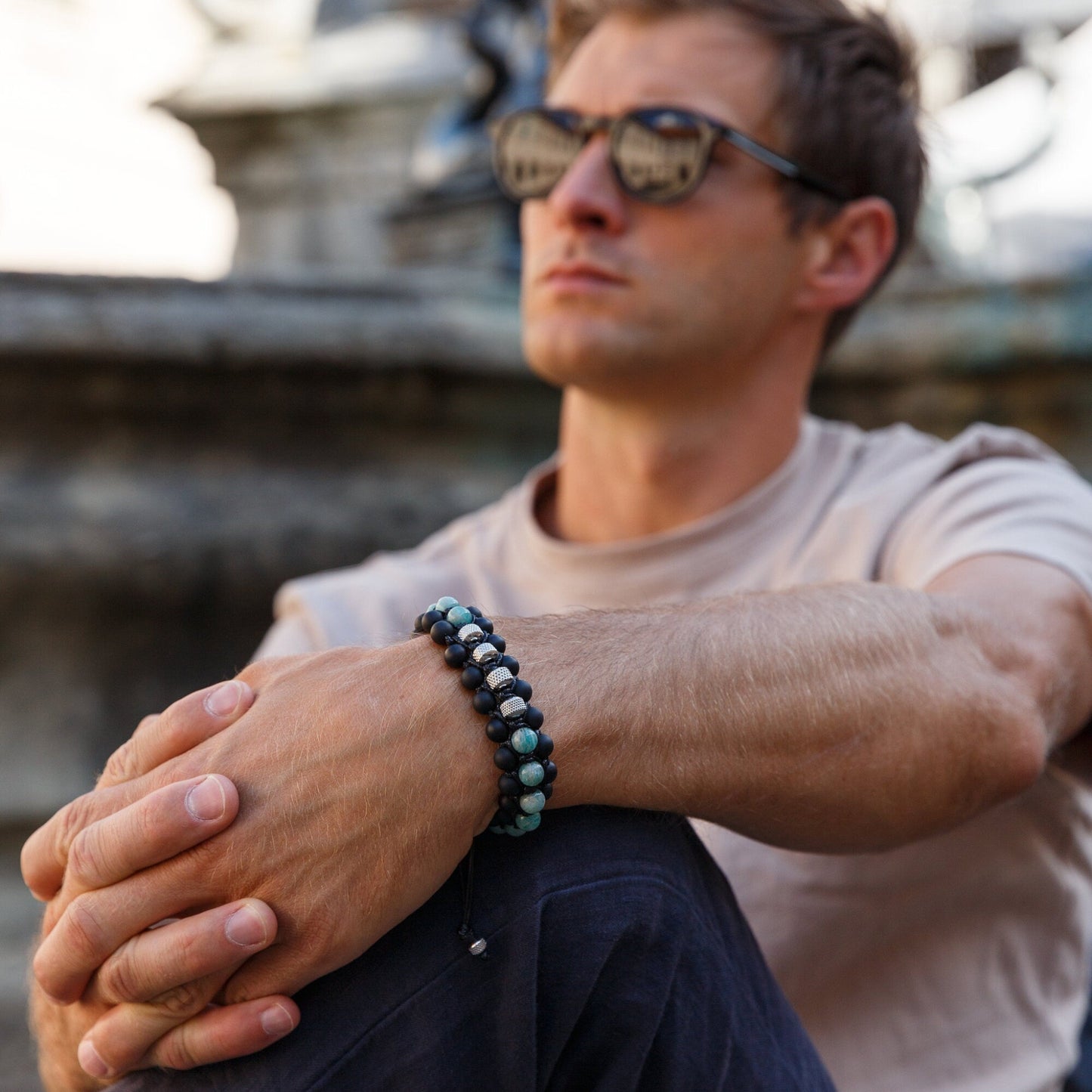 Amazonite Triple Bracelet for Men - Men's Steel Beads Bracelet - Three Row Adjustable Macrame Bracelet -Black Onyx Bracelet - Gift for Men - Shamballa Bracelet - Birthstone Bracelet - Gemstone Bracelet Men - Chakra Bracelet - Macrame Bracelet - Healing Bracelet - Valinde