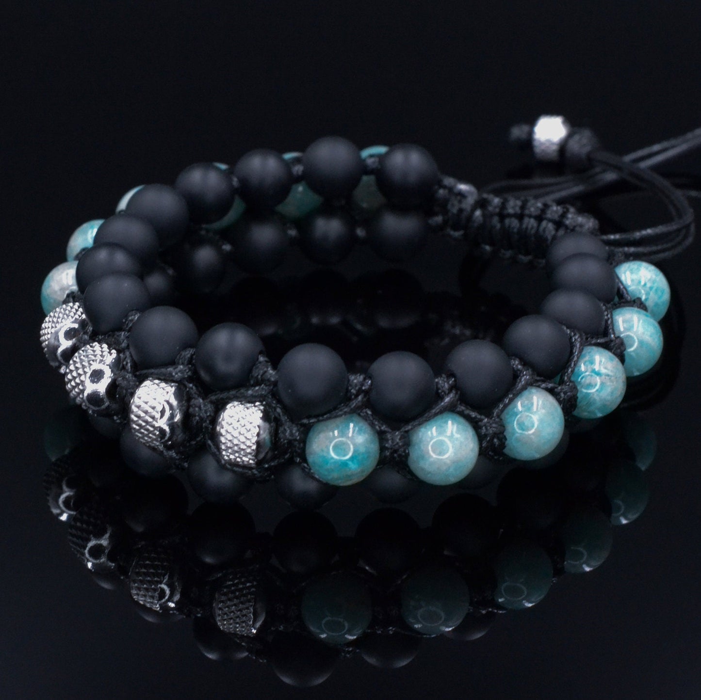 Amazonite Triple Bracelet for Men - Men's Steel Beads Bracelet - Three Row Adjustable Macrame Bracelet -Black Onyx Bracelet - Gift for Men - Shamballa Bracelet - Birthstone Bracelet - Gemstone Bracelet Men - Chakra Bracelet - Macrame Bracelet - Healing Bracelet - Valinde