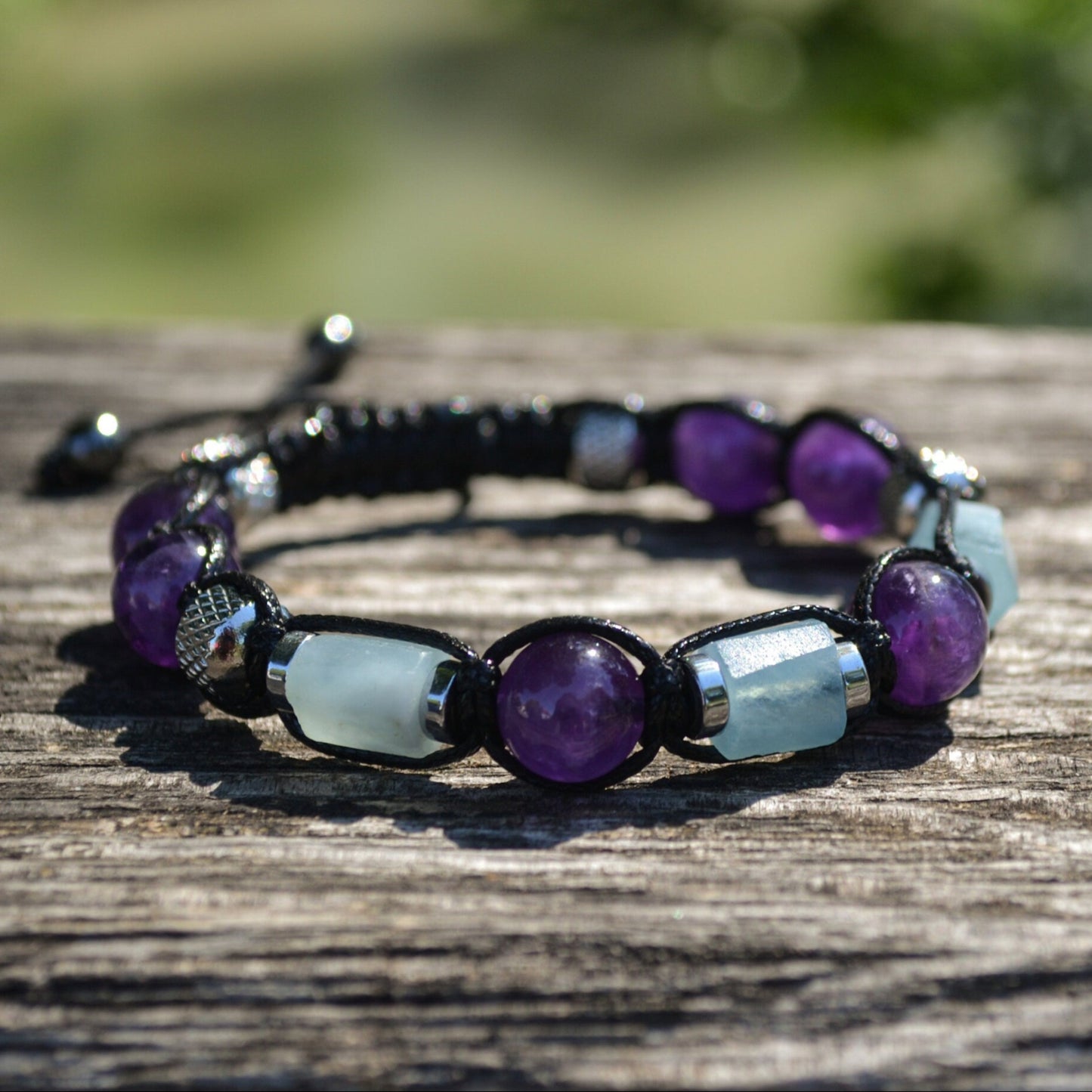 Men's Amethyst Aquamarine Crystal Bracelet - Braided Adjustable Bracelet - Gift for Men - Gemstone Beaded Bracelet - Macrame Bracelet - - Birthstone Bracelet - Gemstone Bracelet Men - Chakra Bracelet - Macrame Bracelet