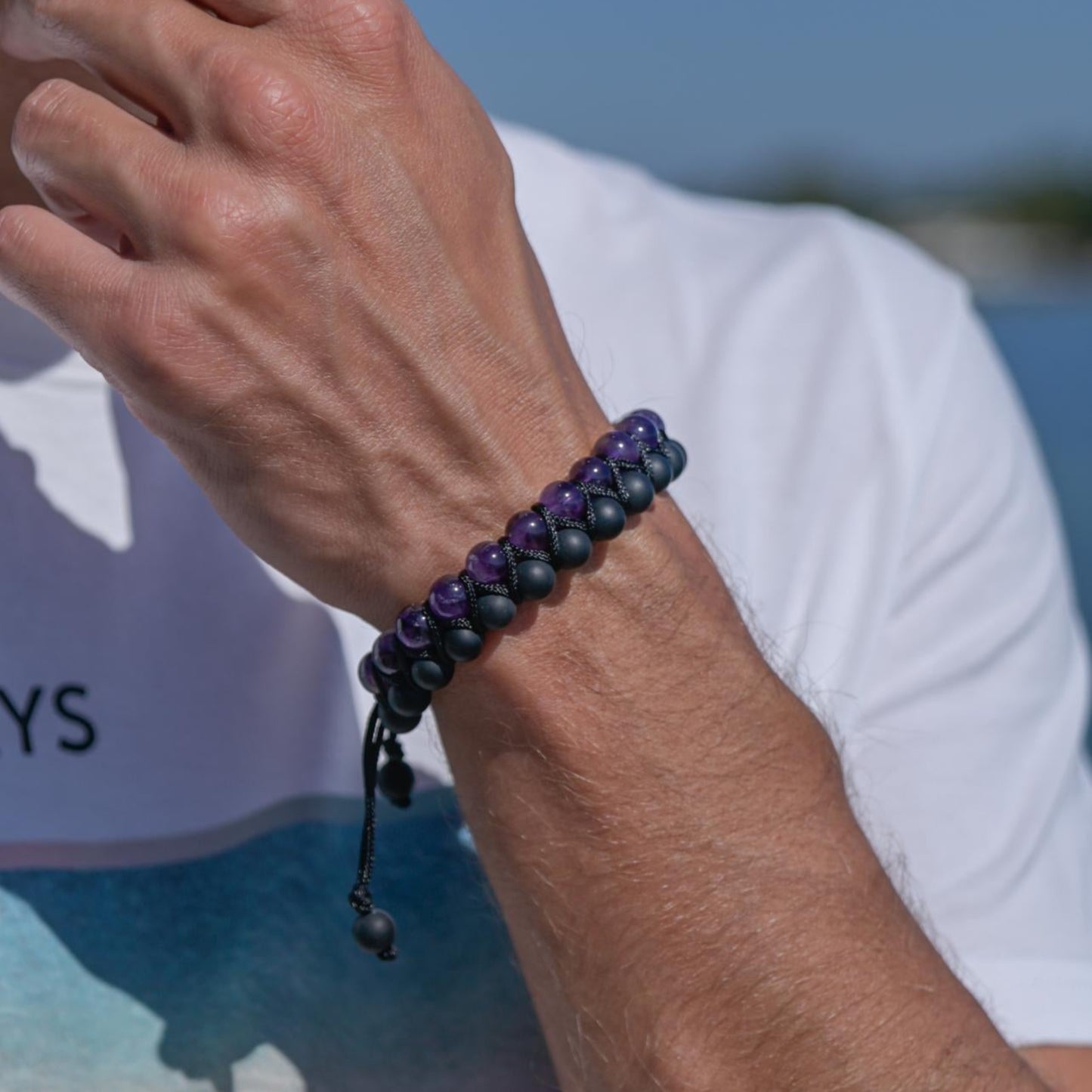 Amethyst Black Onyx Braided Bracelet Men, Men's Adjustable Double Row Bracelet, Gift for Him, Father's Day Gift, Crystal Beads Bracelet - Shamballa Bracelet - Birthstone Bracelet - Gemstone Bracelet Men - Chakra Bracelet - Macrame Bracelet - Healing Bracelet - Valinde