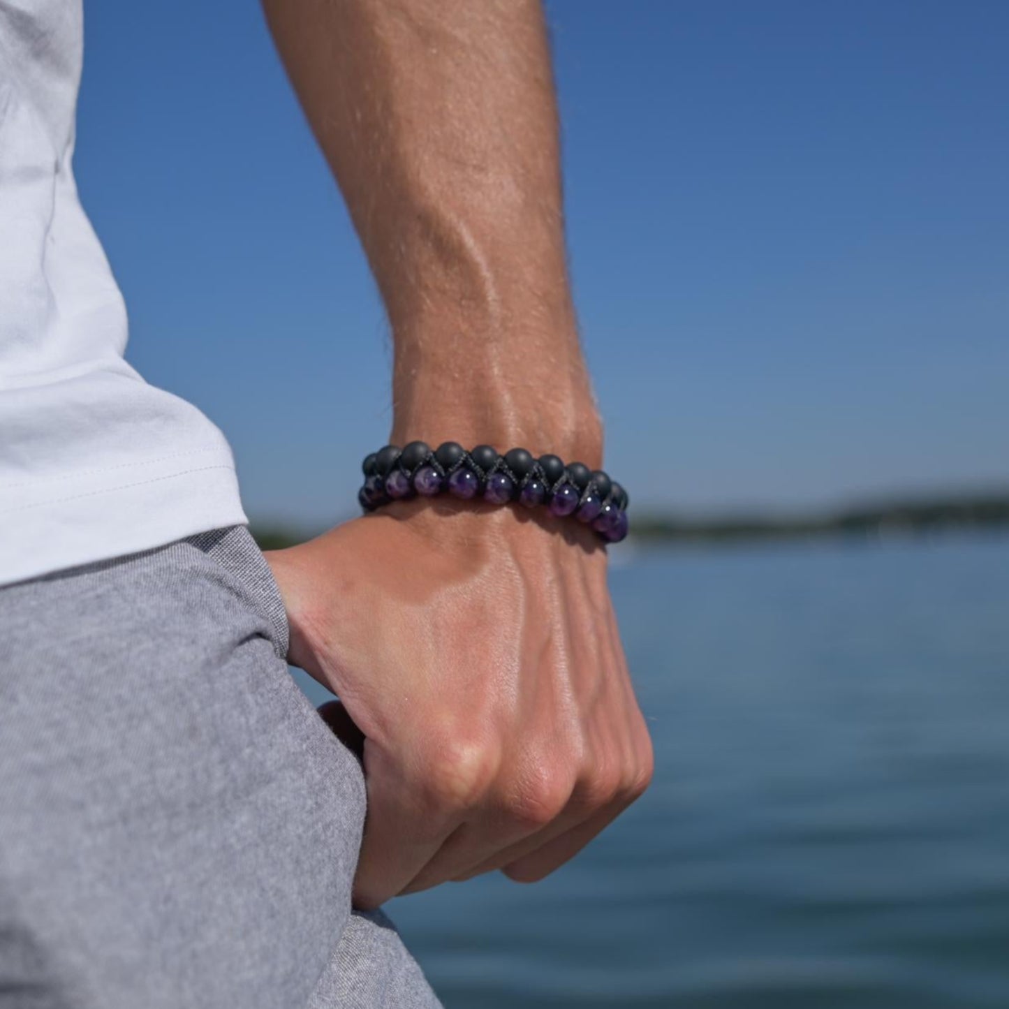 Amethyst Black Onyx Braided Bracelet Men, Men's Adjustable Double Row Bracelet, Gift for Him, Father's Day Gift, Crystal Beads Bracelet - Shamballa Bracelet - Birthstone Bracelet - Gemstone Bracelet Men - Chakra Bracelet - Macrame Bracelet - Healing Bracelet - Valinde