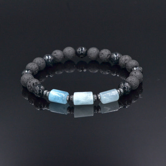 Men's Aquamarine Stretch Bracelet, Black Lava Stone Agate Beaded Bracelet, Elastic Summer Bracelet, Gift for Men, Birthday Gift for Him - Shamballa Bracelet - Birthstone Bracelet - Gemstone Bracelet Men - Chakra Bracelet - Macrame Bracelet - Healing Bracelet - Valinde