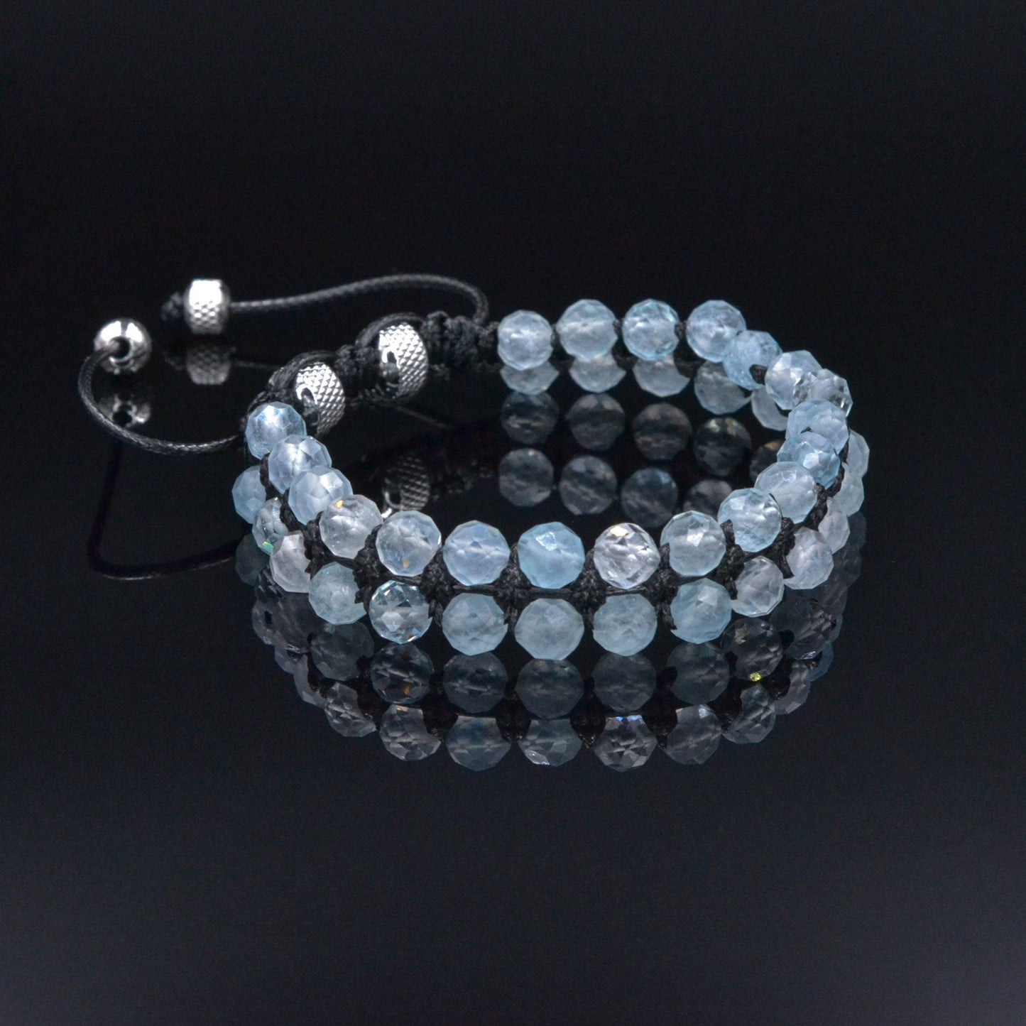 Men's Genuine Aquamarine Bracelet, Double Row Adjustable Bracelet, Steel Beaded Bracelet, Gift for Men, Crystal Two Row Braided Bracelet - Shamballa Bracelet - Birthstone Bracelet - Gemstone Bracelet Men - Chakra Bracelet - Macrame Bracelet - Healing Bracelet - Valinde