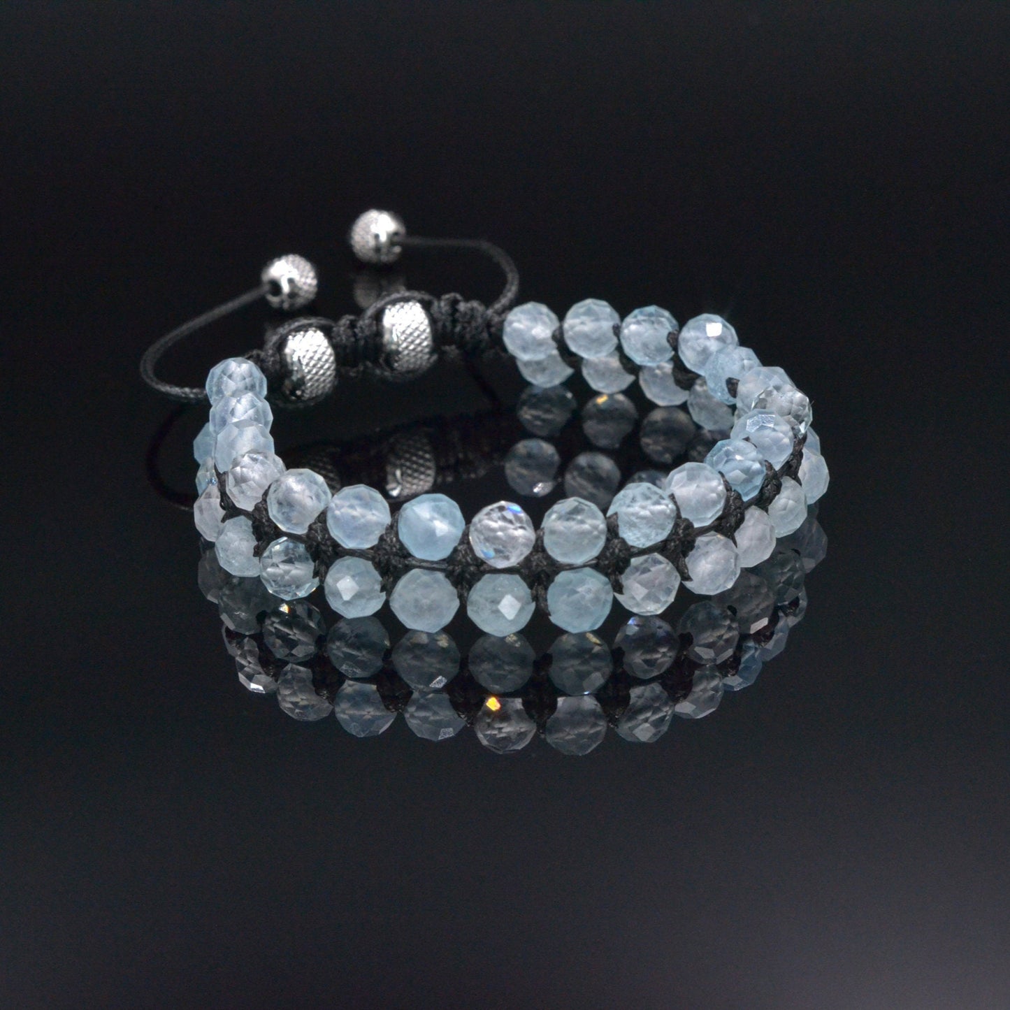 Men's Genuine Aquamarine Bracelet, Double Row Adjustable Bracelet, Steel Beaded Bracelet, Gift for Men, Crystal Two Row Braided Bracelet - Shamballa Bracelet - Birthstone Bracelet - Gemstone Bracelet Men - Chakra Bracelet - Macrame Bracelet - Healing Bracelet - Valinde