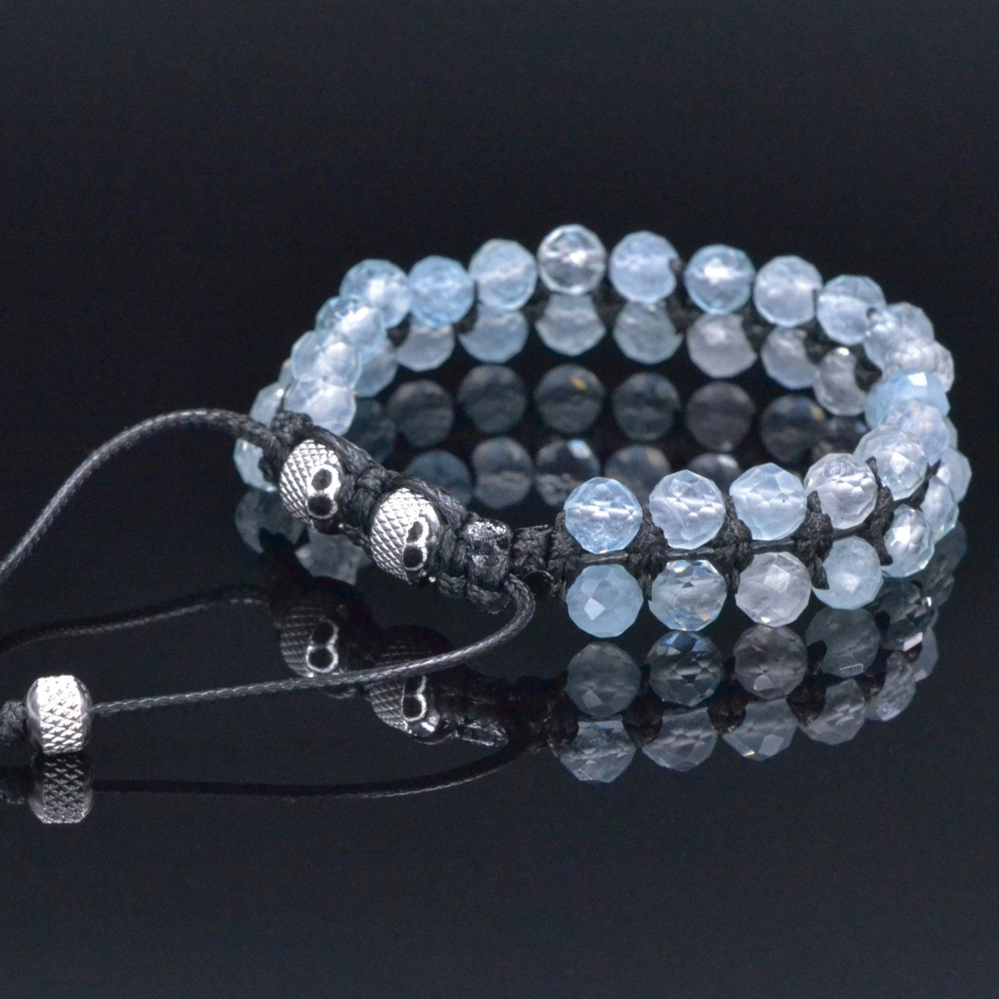 Men's Genuine Aquamarine Bracelet, Double Row Adjustable Bracelet, Steel Beaded Bracelet, Gift for Men, Crystal Two Row Braided Bracelet - Shamballa Bracelet - Birthstone Bracelet - Gemstone Bracelet Men - Chakra Bracelet - Macrame Bracelet - Healing Bracelet - Valinde
