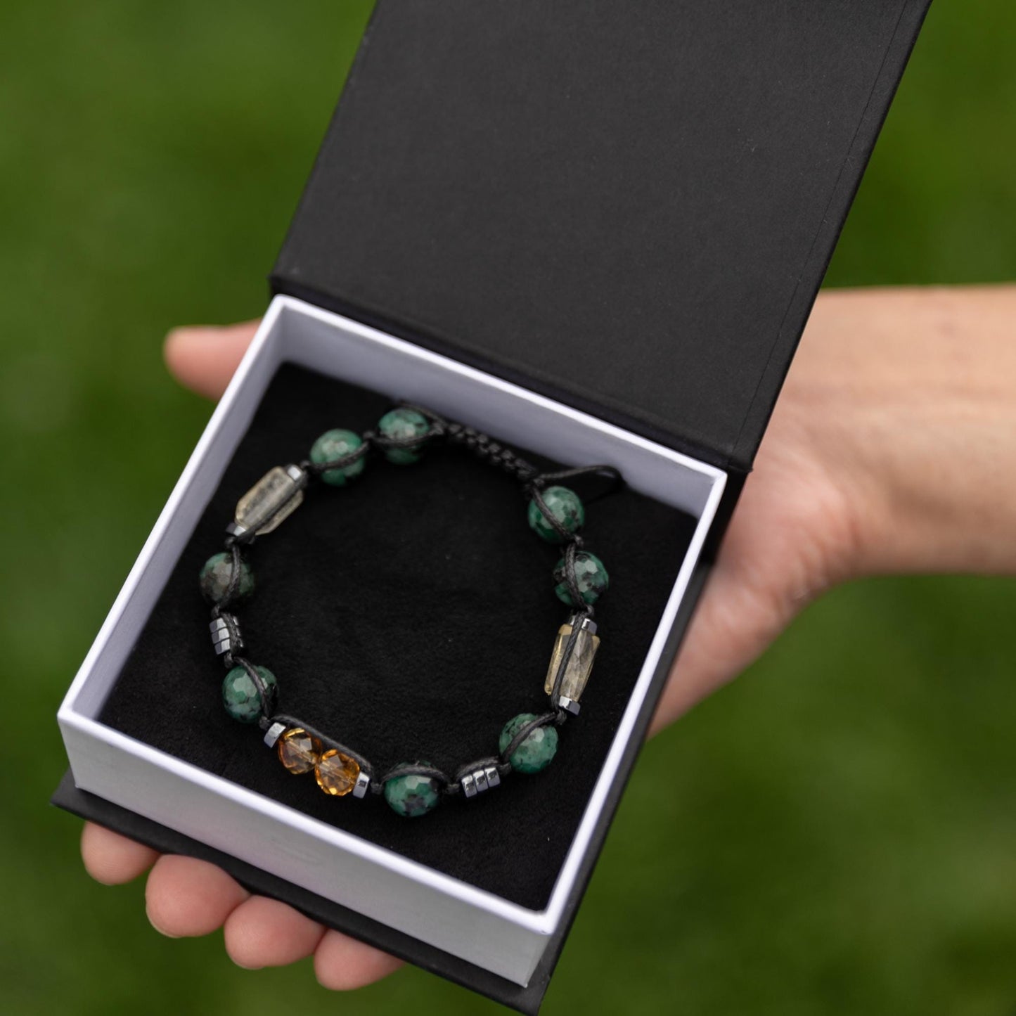 Emerald Adjustable Bracelet for Men, Men's Genuine Citrine Emerald Beaded Bracelet, Gift for Men, Crystal Braided Bracelet, Christmas Gift - - Shamballa Bracelet - Birthstone Bracelet - Gemstone Bracelet Men - Chakra Bracelet