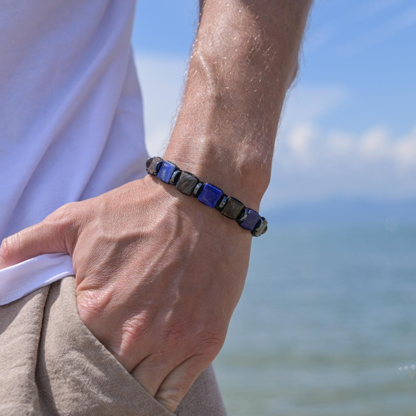 Lapis Lazuli Flat Bead Bracelet, Men's Bronzite Hematite Adjustable Bracelet,Gift for Men,Braided Bracelet, Christmas Gift,Gemstone Bracelet - Shamballa Bracelet - Birthstone Bracelet - Gemstone Bracelet Men - Chakra Bracelet
