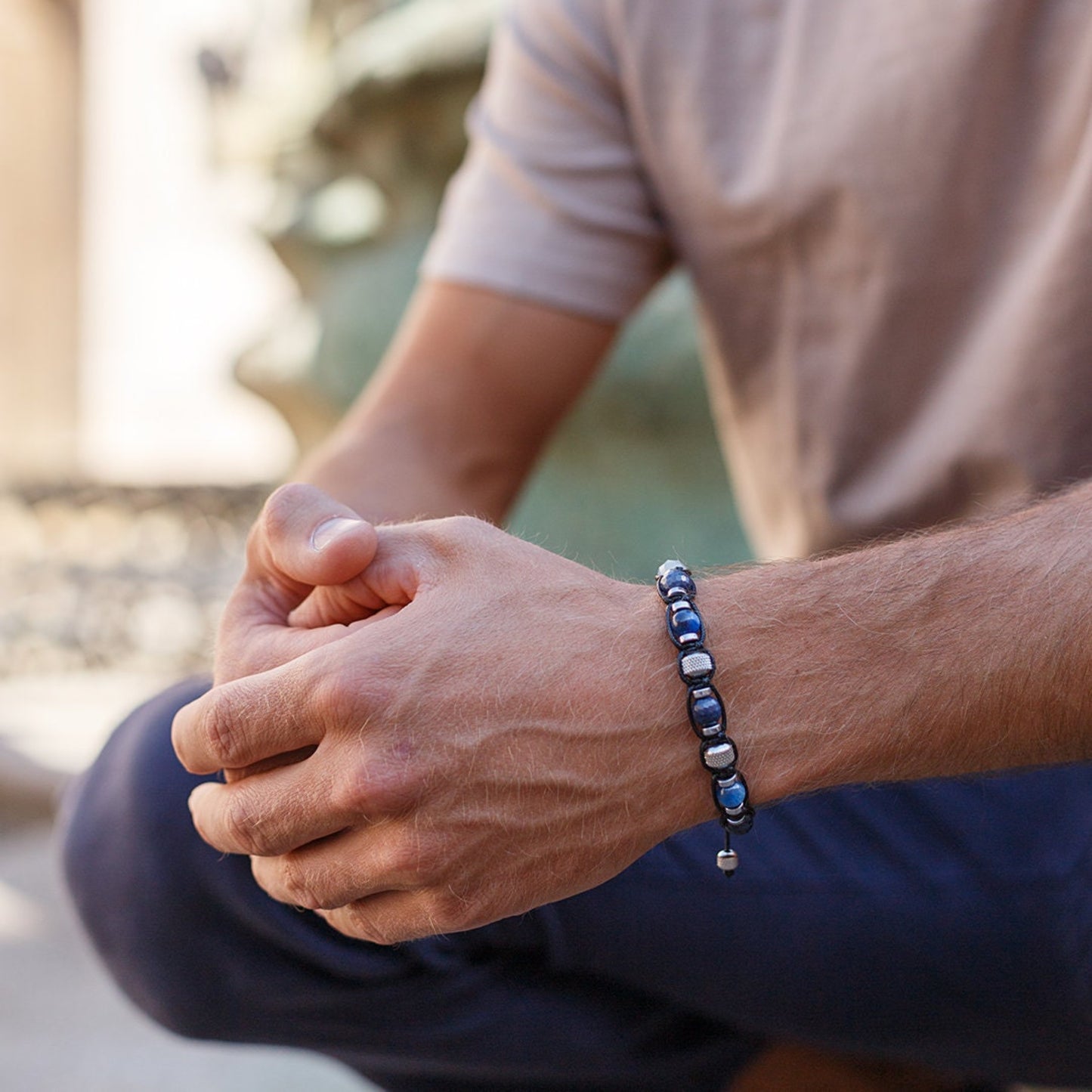 Men's Sapphire Kyanite Gemstone Bracelet - Gift for Men - Aquamarine Bracelet - Adjustable Crystal Bracelet - Macrame Beaded Bracelet - Birthstone Bracelet - Gemstone Bracelet Men - Chakra Bracelet