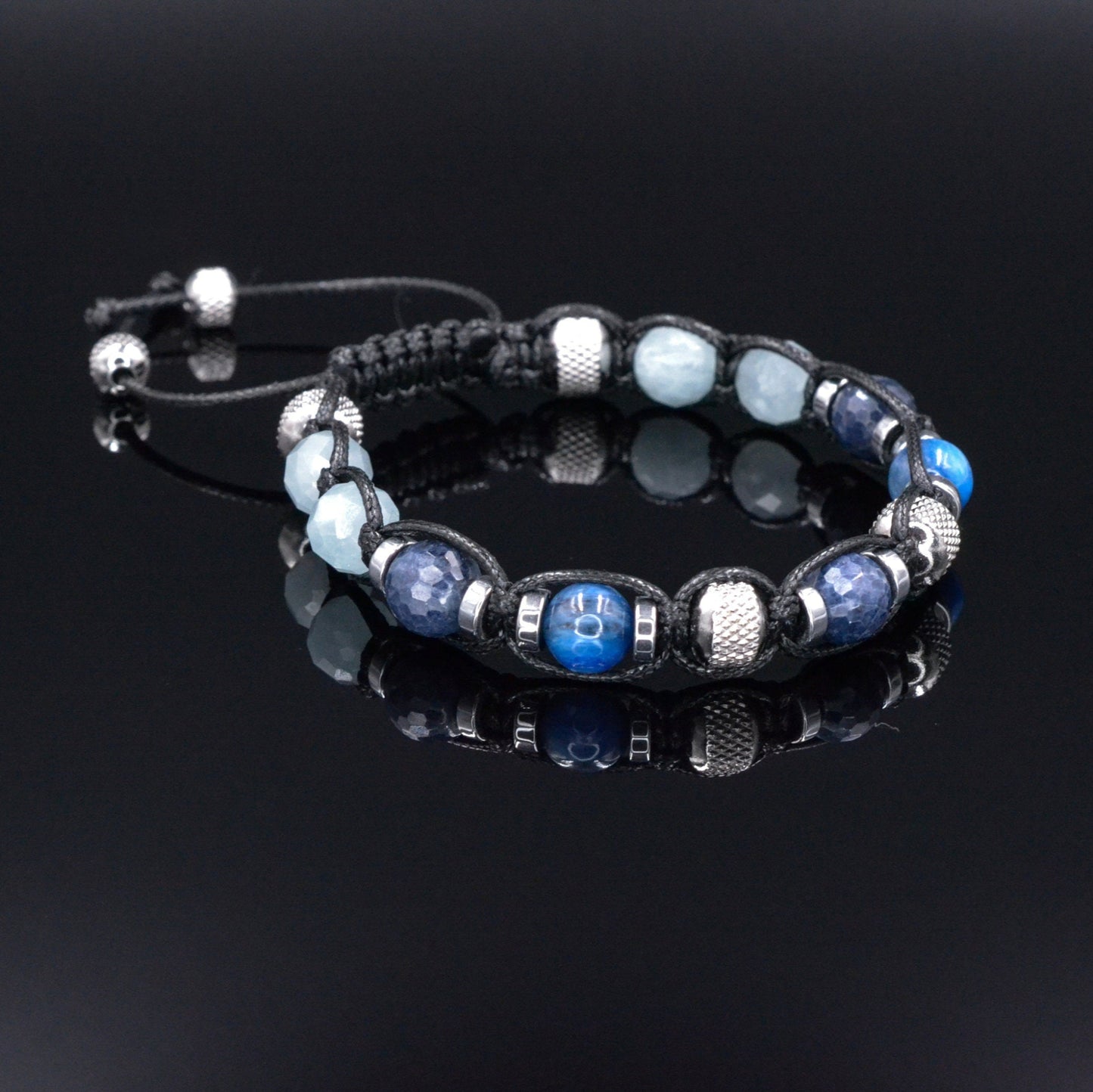 Men's Sapphire Kyanite Gemstone Bracelet - Gift for Men - Aquamarine Bracelet - Adjustable Crystal Bracelet - Macrame Beaded Bracelet - Birthstone Bracelet - Gemstone Bracelet Men - Chakra Bracelet