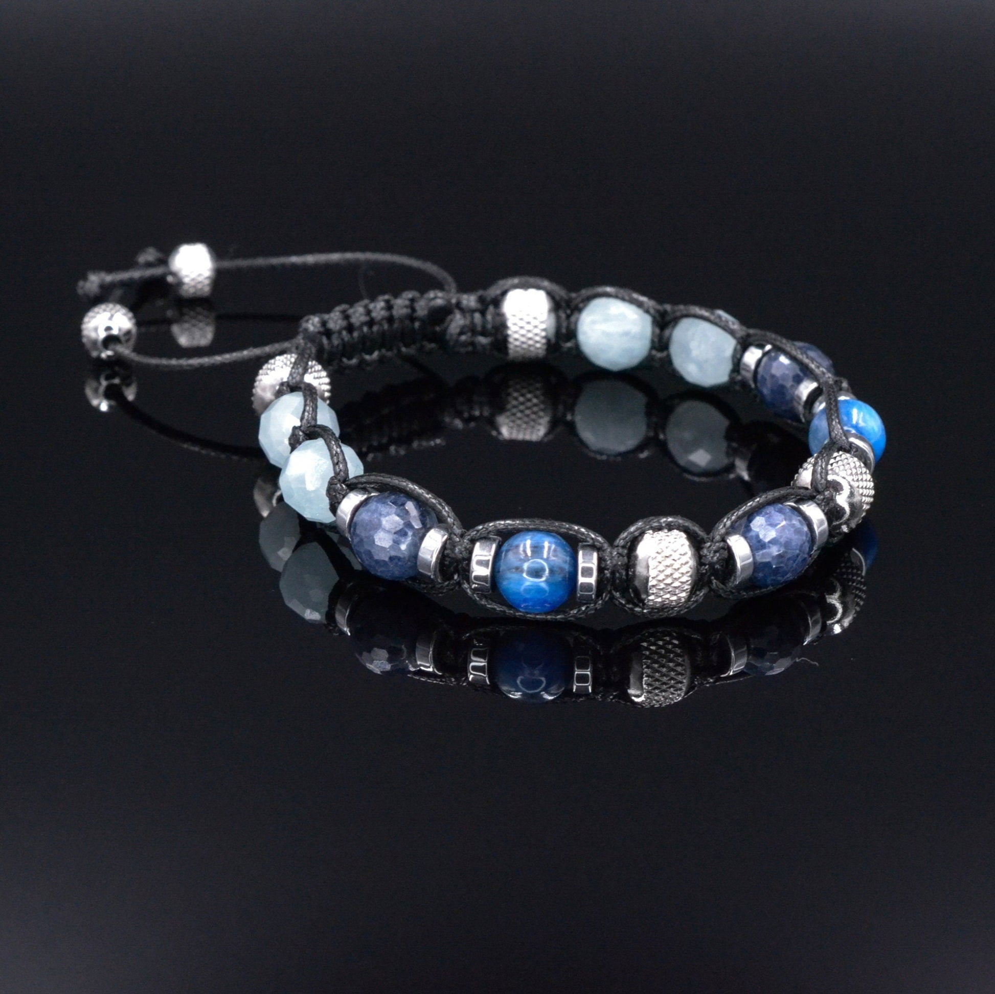 Men's Sapphire Kyanite Gemstone Bracelet - Gift for Men - Aquamarine Bracelet - Adjustable Crystal Bracelet - Macrame Beaded Bracelet - Birthstone Bracelet - Gemstone Bracelet Men - Chakra Bracelet