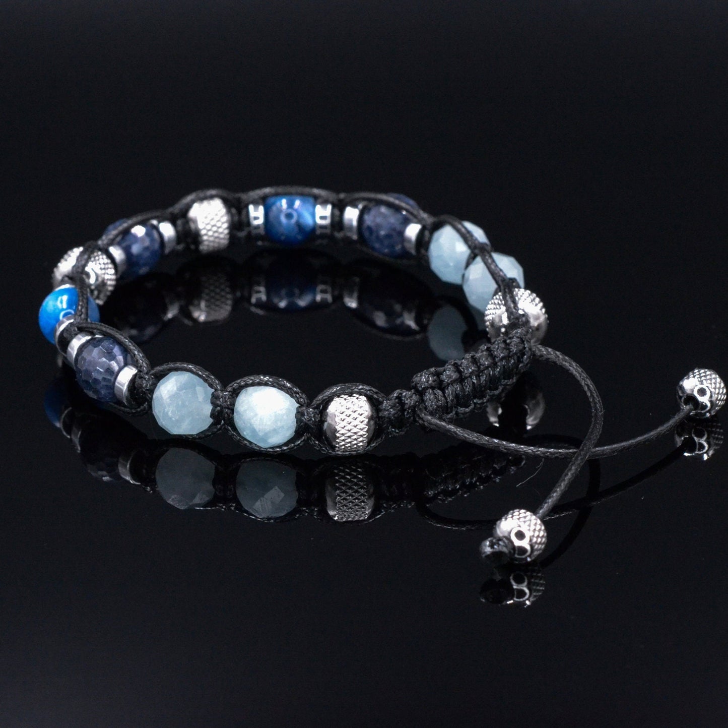 Men's Sapphire Kyanite Gemstone Bracelet - Gift for Men - Aquamarine Bracelet - Adjustable Crystal Bracelet - Macrame Beaded Bracelet - Birthstone Bracelet - Gemstone Bracelet Men - Chakra Bracelet