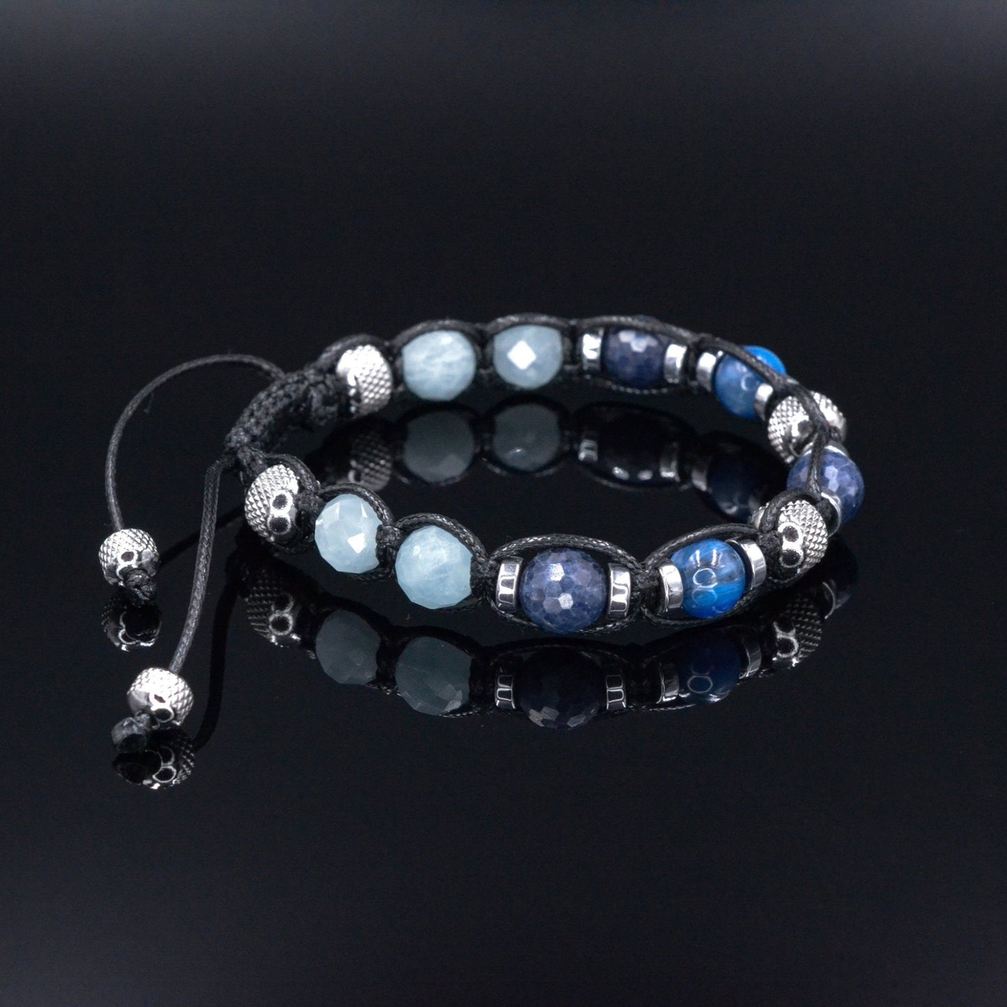 Men's Sapphire Kyanite Gemstone Bracelet - Gift for Men - Aquamarine Bracelet - Adjustable Crystal Bracelet - Macrame Beaded Bracelet - Birthstone Bracelet - Gemstone Bracelet Men - Chakra Bracelet