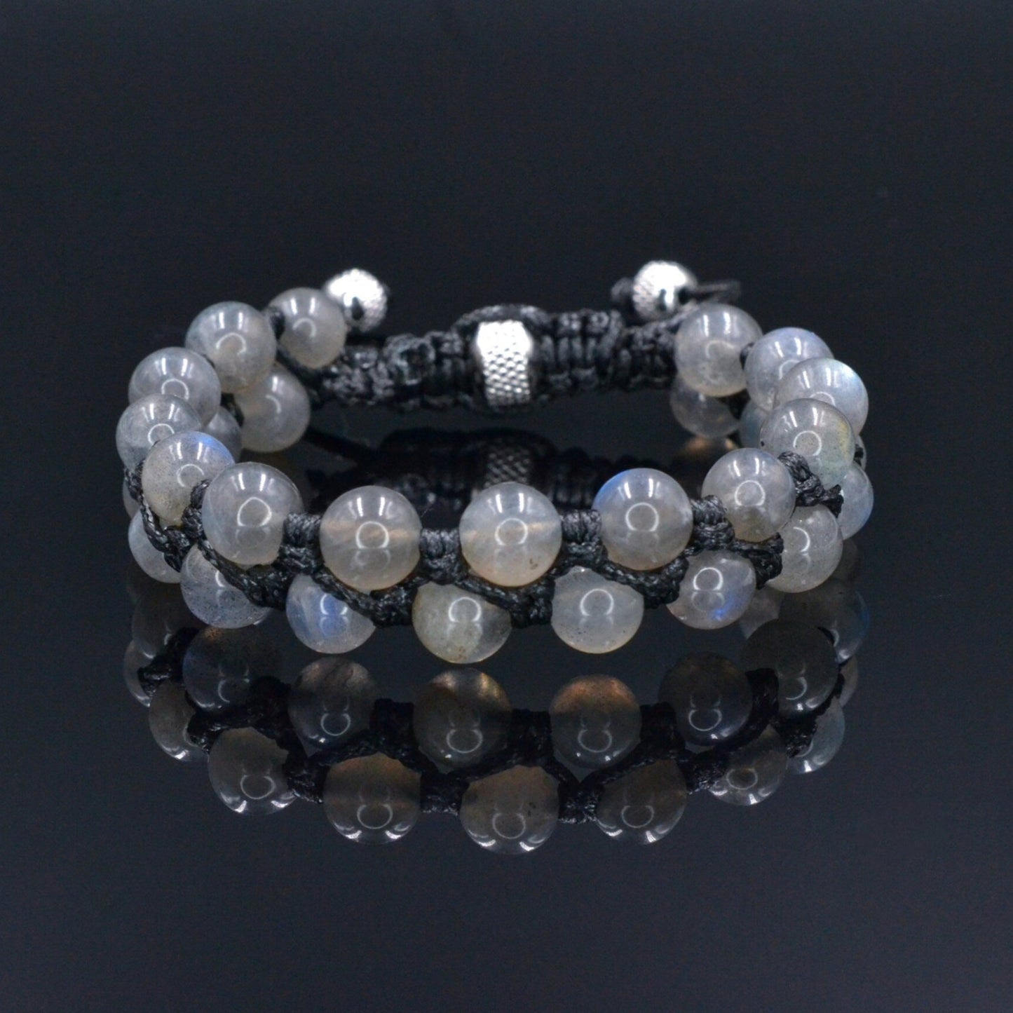Genuine Labradorite Bracelet, Men's Double Row Macrame Braided Bracelet, Steel Bead Bracelet, Gift for Men, Crystal Adjustable Bracelet - Shamballa Bracelet - Birthstone Bracelet - Gemstone Bracelet Men - Chakra Bracelet - Macrame Bracelet - Healing Bracelet - Valinde