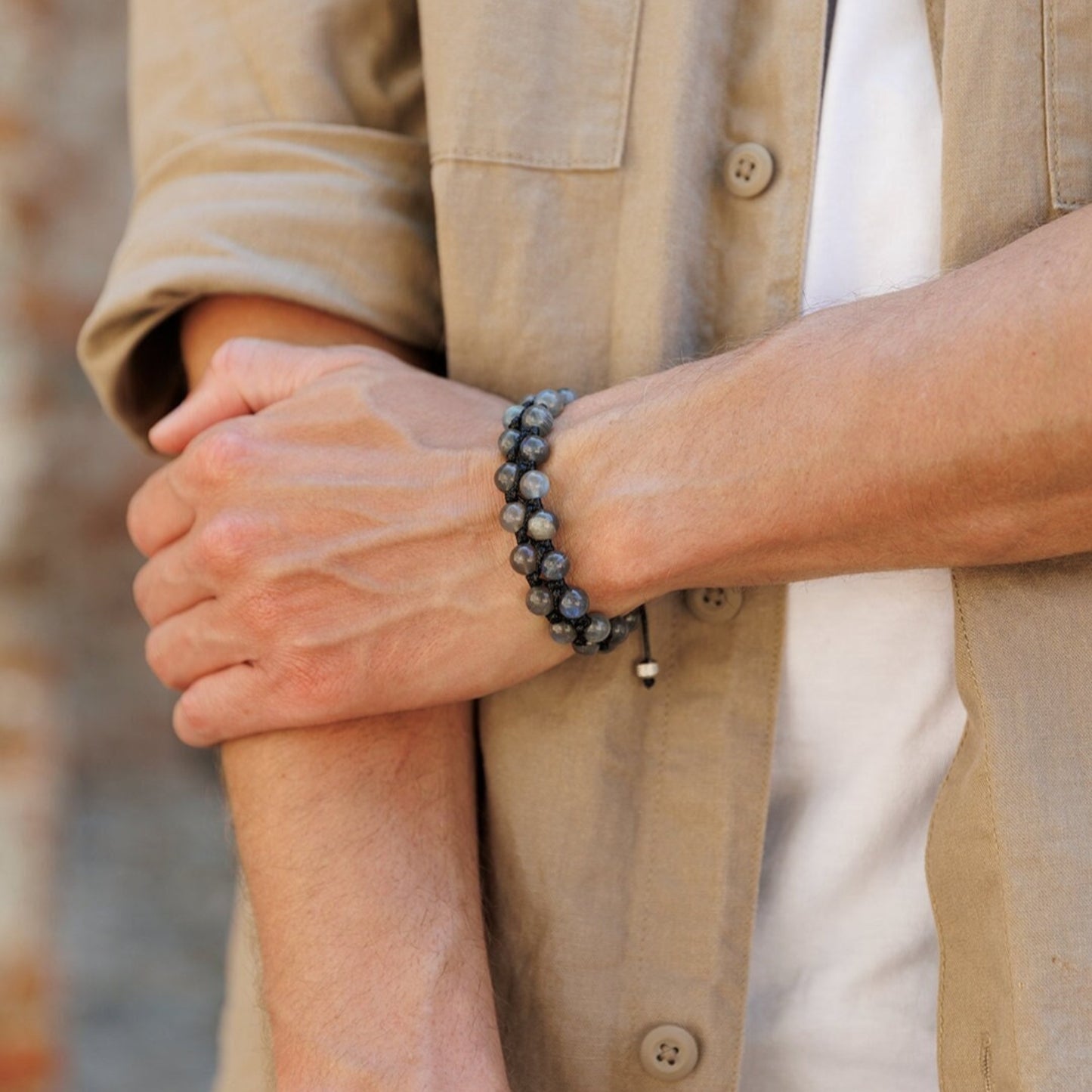Genuine Labradorite Bracelet, Men's Double Row Macrame Braided Bracelet, Steel Bead Bracelet, Gift for Men, Crystal Adjustable Bracelet - Shamballa Bracelet - Birthstone Bracelet - Gemstone Bracelet Men - Chakra Bracelet - Macrame Bracelet - Healing Bracelet - Valinde