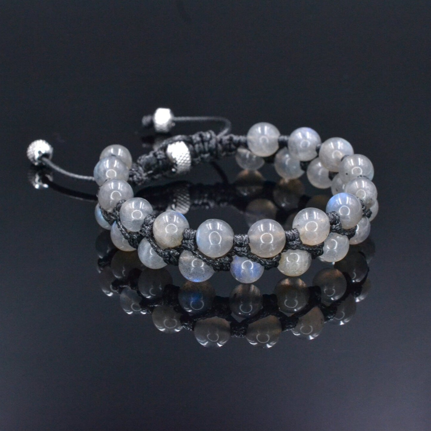 Genuine Labradorite Bracelet, Men's Double Row Macrame Braided Bracelet, Steel Bead Bracelet, Gift for Men, Crystal Adjustable Bracelet - Shamballa Bracelet - Birthstone Bracelet - Gemstone Bracelet Men - Chakra Bracelet - Macrame Bracelet - Healing Bracelet - Valinde