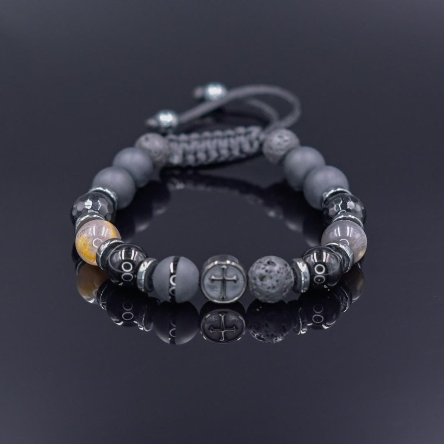 Cross Bead Bracelet Men, Men's Black Onyx Agate Lava Stone Hematite Sunstone Bracelet, Adjustable Bracelet, Gift for Men, Gemstone Bracelet - Shamballa Bracelet - Mantra Bracelet - Yoga Bracelet - Birthstone Bracelet - Gemstone Bracelet Men - Chakra Bracelet - Macrame Bracelet - Healing Bracelet - Gift for Father - Gift For Men - Valinde