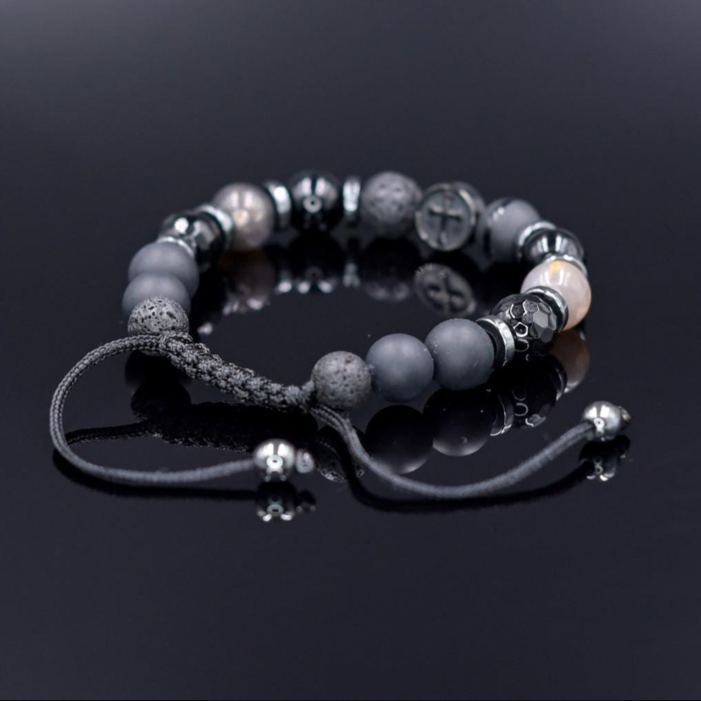 Cross Bead Bracelet Men, Men's Black Onyx Agate Lava Stone Hematite Sunstone Bracelet, Adjustable Bracelet, Gift for Men, Gemstone Bracelet - Shamballa Bracelet - Mantra Bracelet - Yoga Bracelet - Birthstone Bracelet - Gemstone Bracelet Men - Chakra Bracelet - Macrame Bracelet - Healing Bracelet - Gift for Father - Gift For Men - Valinde
