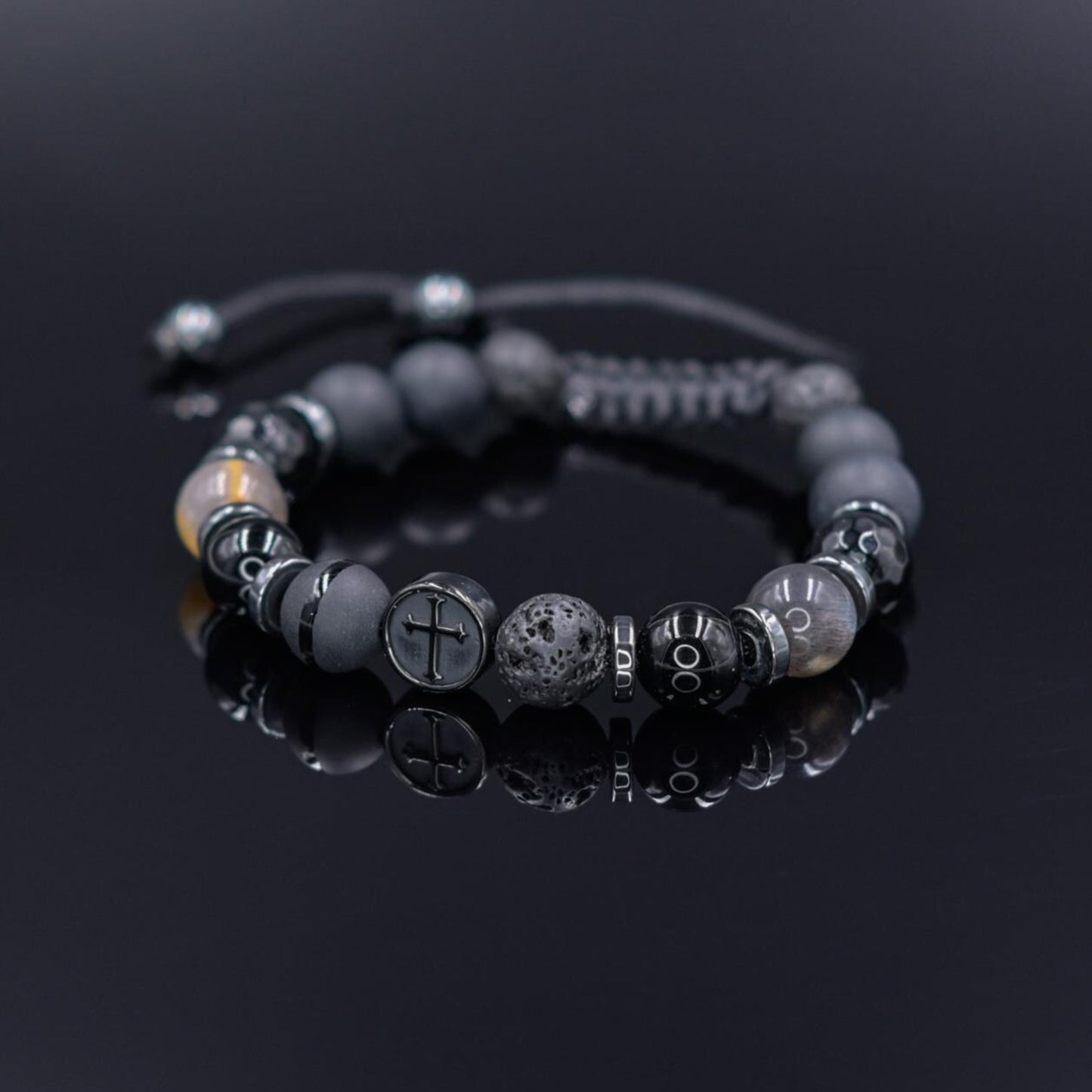 Cross Bead Bracelet Men, Men's Black Onyx Agate Lava Stone Hematite Sunstone Bracelet, Adjustable Bracelet, Gift for Men, Gemstone Bracelet - Shamballa Bracelet - Mantra Bracelet - Yoga Bracelet - Birthstone Bracelet - Gemstone Bracelet Men - Chakra Bracelet - Macrame Bracelet - Healing Bracelet - Gift for Father - Gift For Men - Valinde