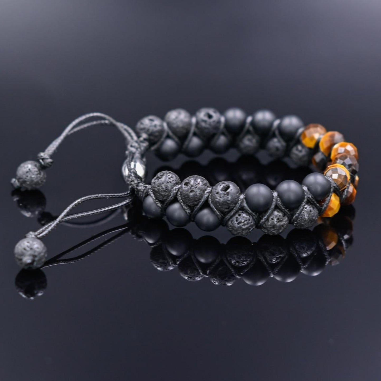 Men's Genuine Tiger's Eye Onyx Lava Bracelet, Double Row Adjustable Bracelet, Steel Beaded Bracelet, Gift for Men, Crystal Two Row Braided Bracelet - Shamballa Bracelet - Birthstone Bracelet - Gemstone Bracelet Men - Chakra Bracelet - Macrame Bracelet - Healing Bracelet - Valinde