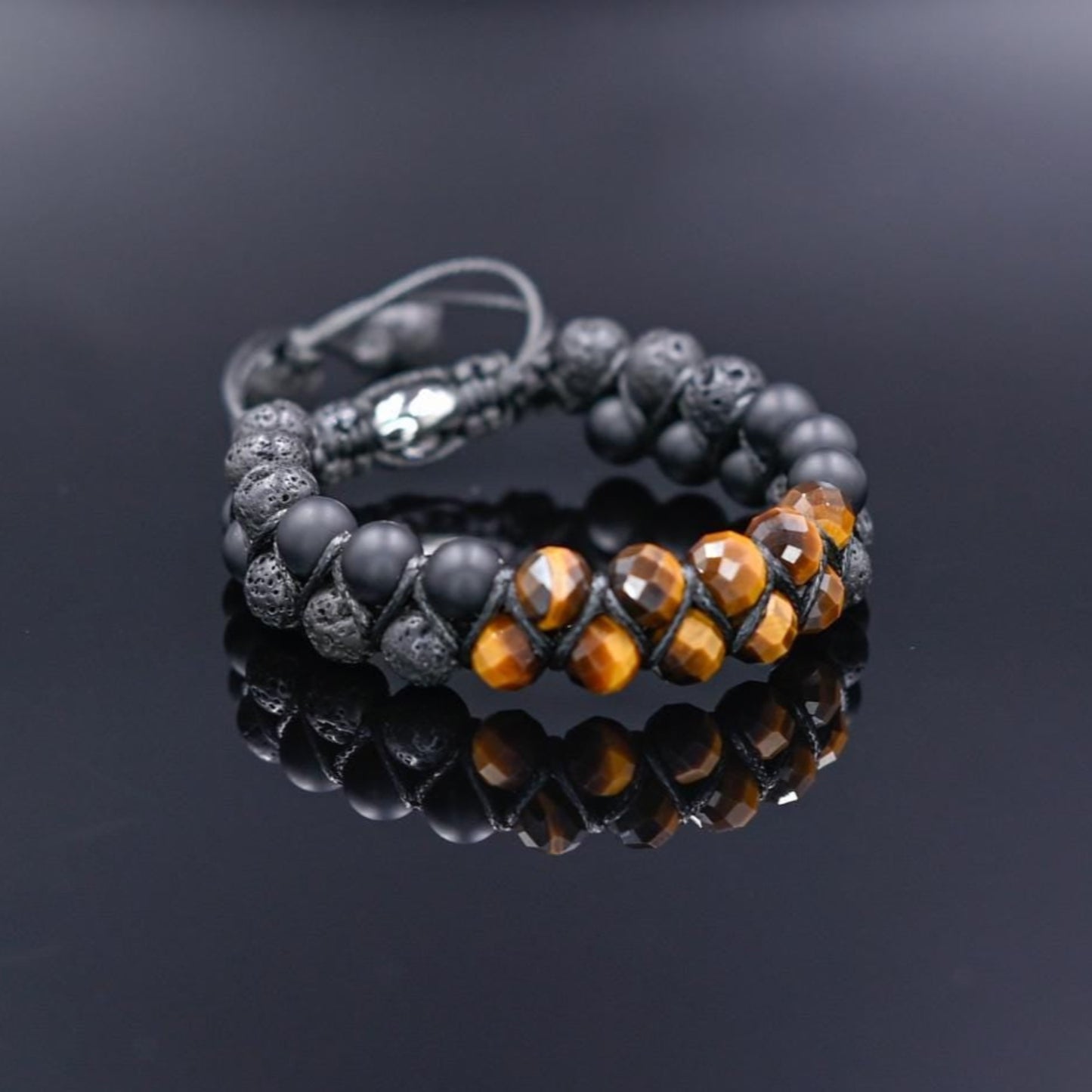 Men's Genuine Tiger's Eye Onyx Lava Bracelet, Double Row Adjustable Bracelet, Steel Beaded Bracelet, Gift for Men, Crystal Two Row Braided Bracelet - Shamballa Bracelet - Birthstone Bracelet - Gemstone Bracelet Men - Chakra Bracelet - Macrame Bracelet - Healing Bracelet - Valinde