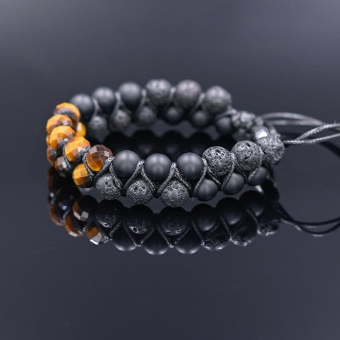 Men's Genuine Tiger's Eye Onyx Lava Bracelet, Double Row Adjustable Bracelet, Steel Beaded Bracelet, Gift for Men, Crystal Two Row Braided Bracelet - Shamballa Bracelet - Birthstone Bracelet - Gemstone Bracelet Men - Chakra Bracelet - Macrame Bracelet - Healing Bracelet - Valinde