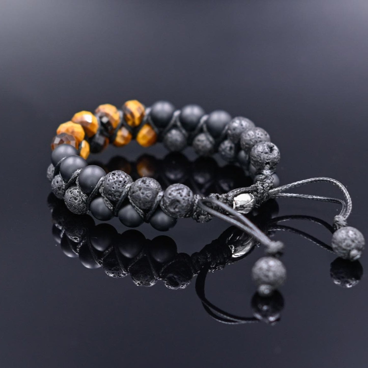 Men's Genuine Tiger's Eye Onyx Lava Bracelet, Double Row Adjustable Bracelet, Steel Beaded Bracelet, Gift for Men, Crystal Two Row Braided Bracelet - Shamballa Bracelet - Birthstone Bracelet - Gemstone Bracelet Men - Chakra Bracelet - Macrame Bracelet - Healing Bracelet - Valinde