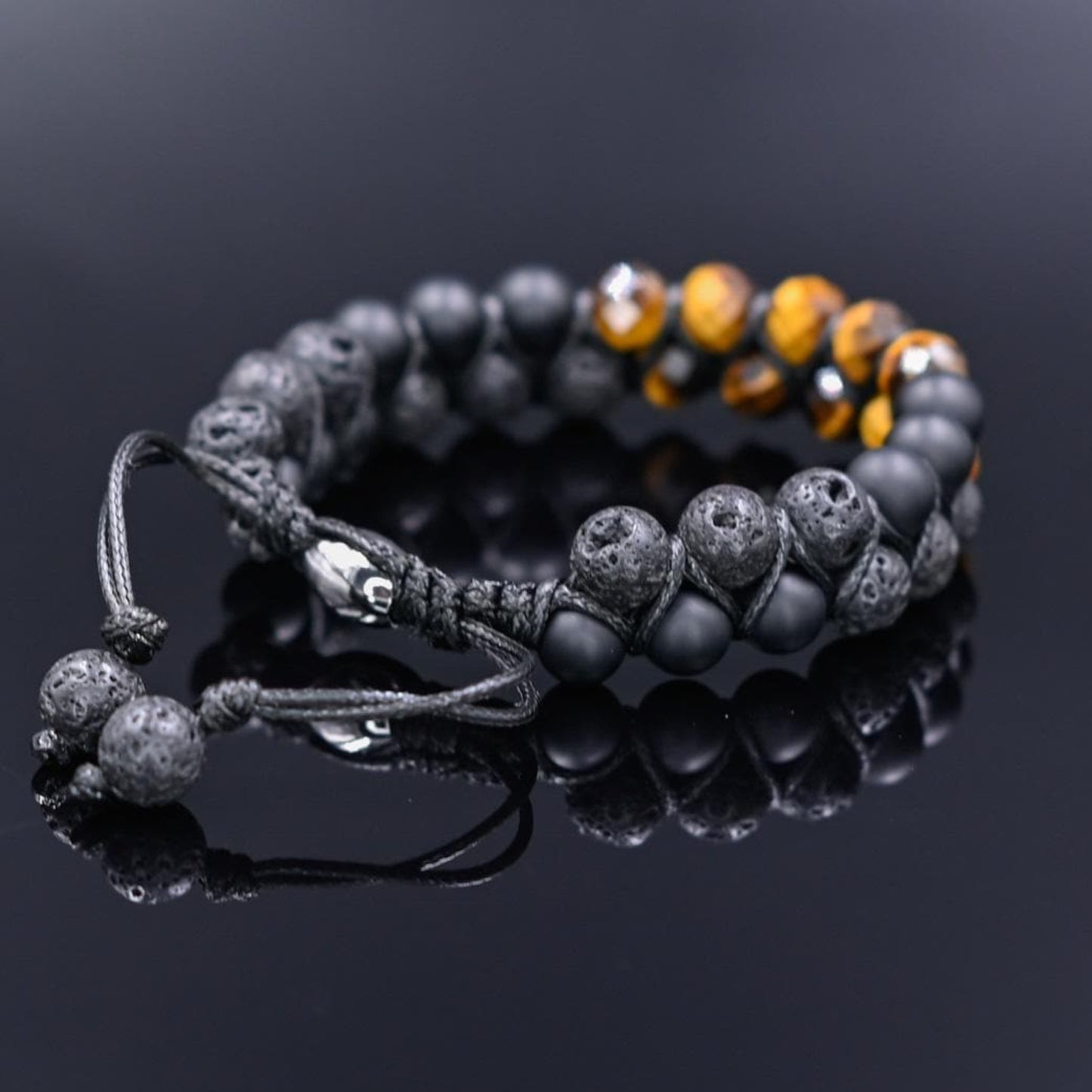 Men's Genuine Tiger's Eye Onyx Lava Bracelet, Double Row Adjustable Bracelet, Steel Beaded Bracelet, Gift for Men, Crystal Two Row Braided Bracelet - Shamballa Bracelet - Birthstone Bracelet - Gemstone Bracelet Men - Chakra Bracelet - Macrame Bracelet - Healing Bracelet - Valinde
