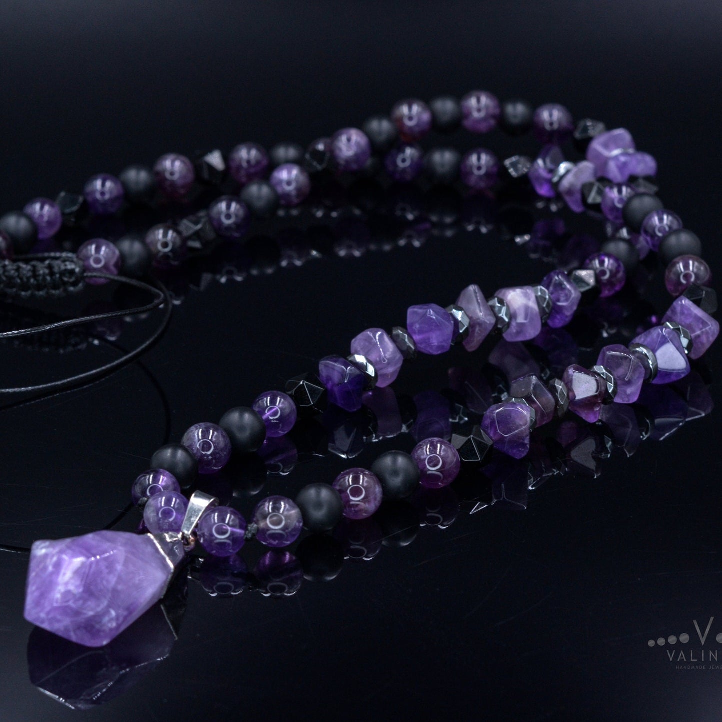 Amethyst Pendant Necklace / Men's Crystal Necklace / Gift for Men / Long Beaded Necklace / Amethyst Jewelry / Black Onyx Necklace for Men - Shamballa Necklace - Birthstone Necklace - Gemstone Necklace Men - Chakra Necklace - Macrame Necklace - Healing Necklace