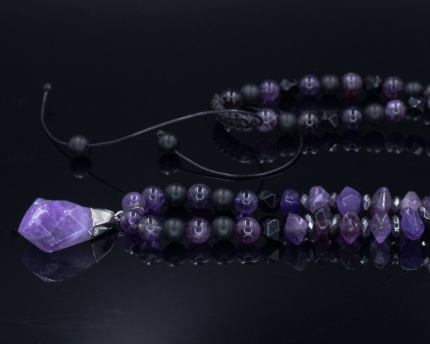 Amethyst Pendant Necklace / Men's Crystal Necklace / Gift for Men / Long Beaded Necklace / Amethyst Jewelry / Black Onyx Necklace for Men - Shamballa Necklace - Birthstone Necklace - Gemstone Necklace Men - Chakra Necklace - Macrame Necklace - Healing Necklace