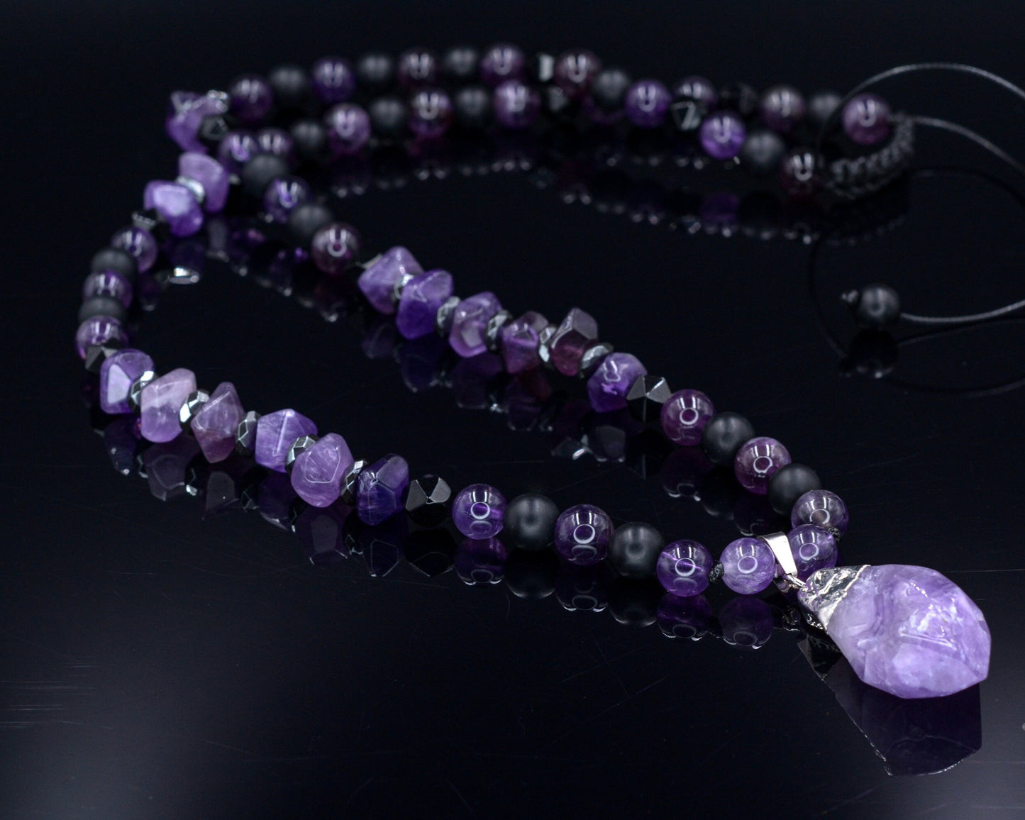 Amethyst Pendant Necklace / Men's Crystal Necklace / Gift for Men / Long Beaded Necklace / Amethyst Jewelry / Black Onyx Necklace for Men - Shamballa Necklace - Birthstone Necklace - Gemstone Necklace Men - Chakra Necklace - Macrame Necklace - Healing Necklace