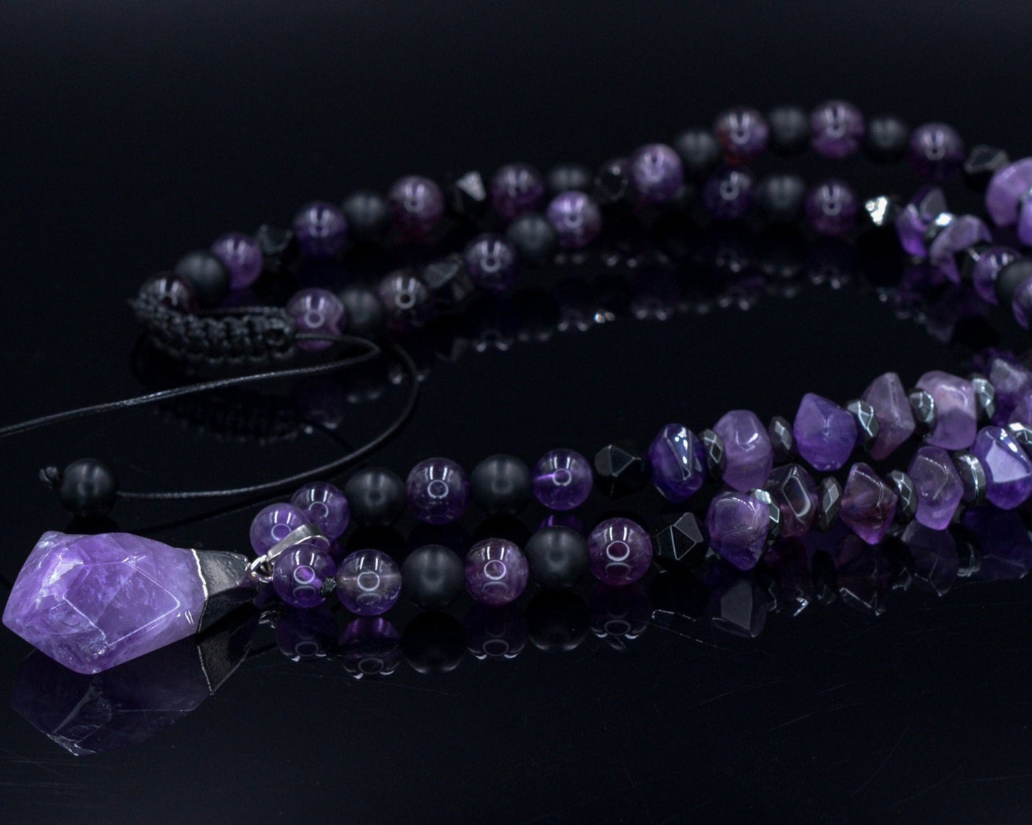 Amethyst Pendant Necklace / Men's Crystal Necklace / Gift for Men / Long Beaded Necklace / Amethyst Jewelry / Black Onyx Necklace for Men - Shamballa Necklace - Birthstone Necklace - Gemstone Necklace Men - Chakra Necklace - Macrame Necklace - Healing Necklace