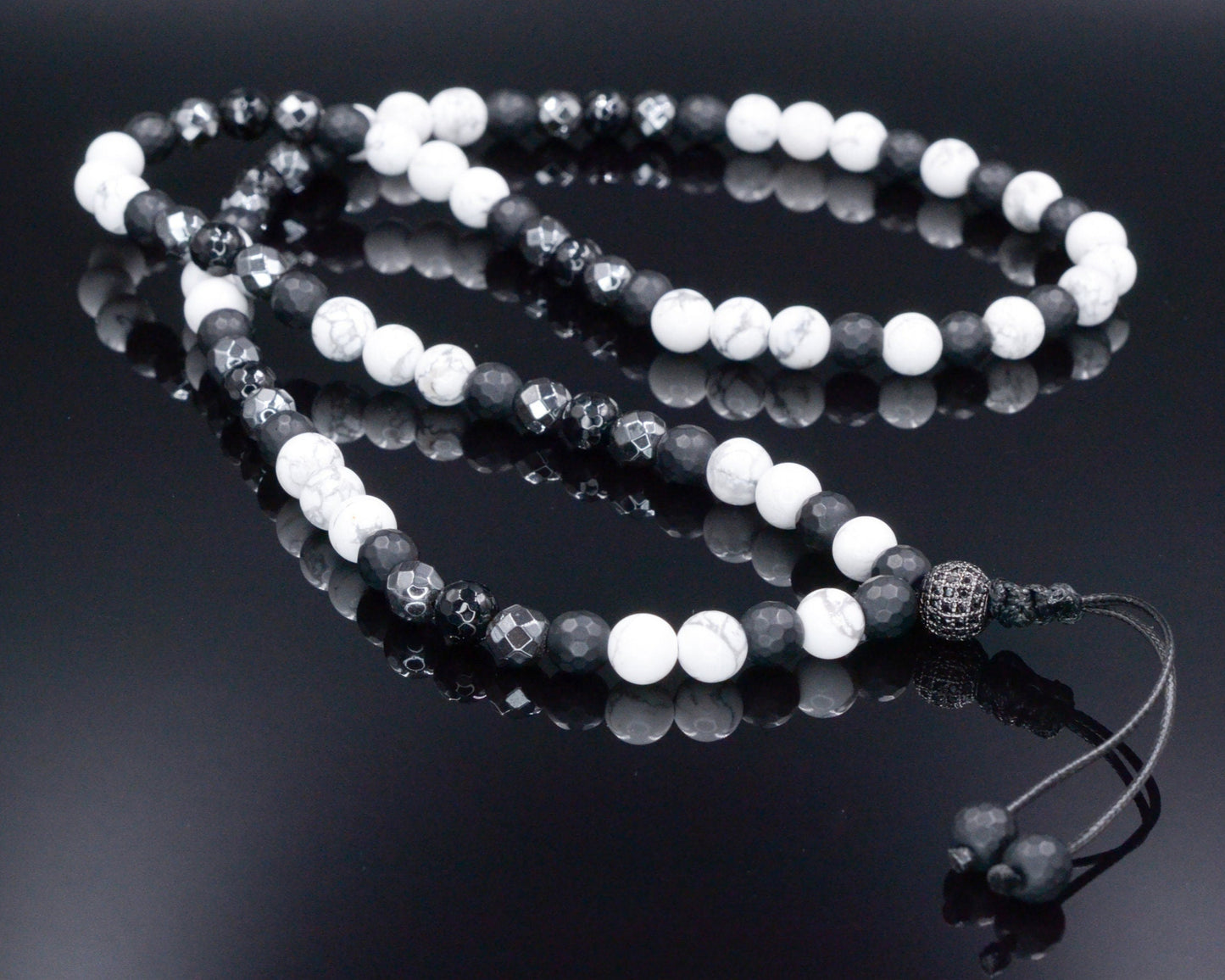 White Howlite Necklace - Men's Black Onyx Hematite Crystal Necklace - Long Beaded Necklace - Gift for Men - Summer Stone Necklace for Him - Shamballa Necklace - Birthstone Necklace - Gemstone Necklace Men - Chakra Necklace - Macrame Necklace - Healing Necklace - Valinde