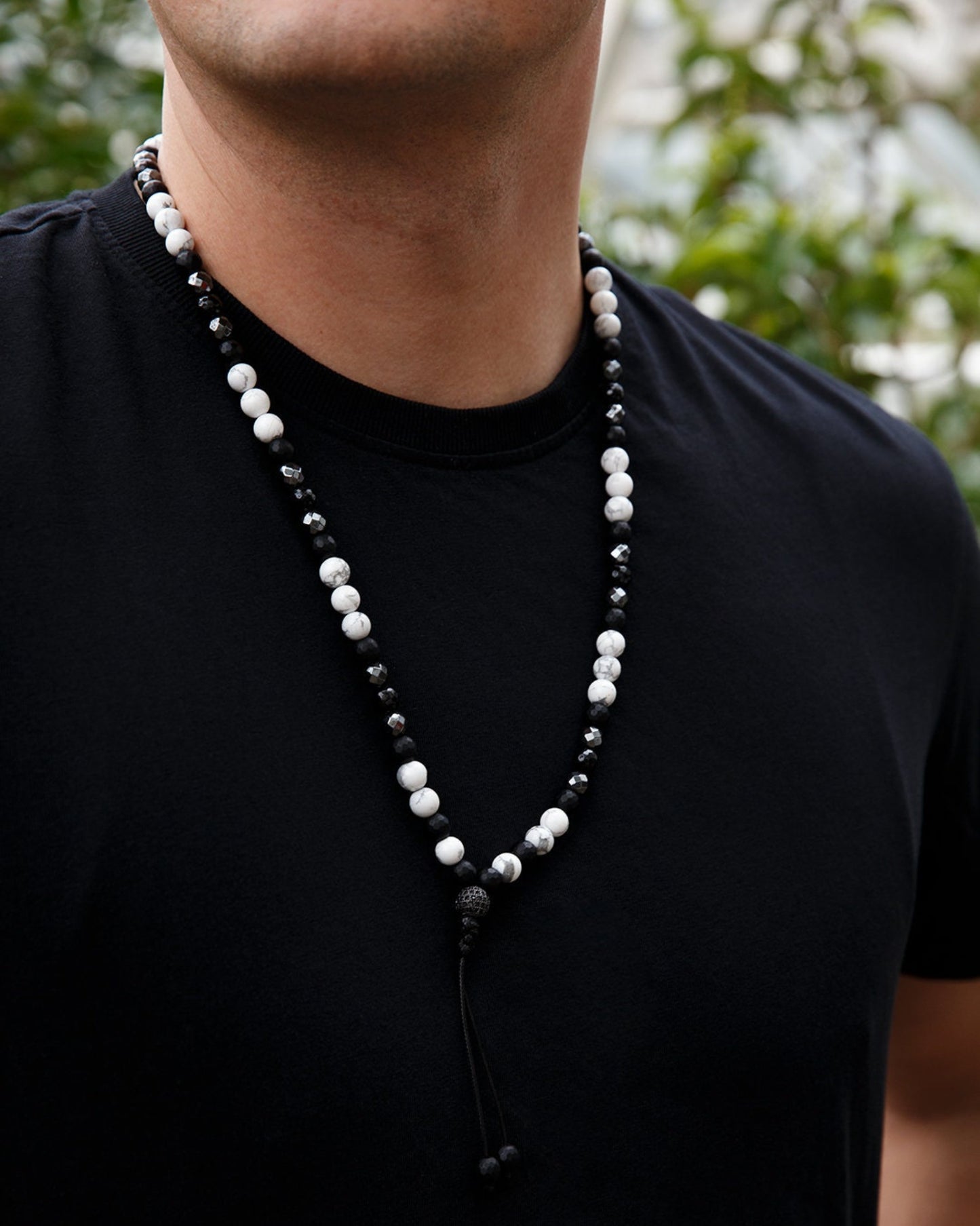 White Howlite Necklace - Men's Black Onyx Hematite Crystal Necklace - Long Beaded Necklace - Gift for Men - Summer Stone Necklace for Him - Shamballa Necklace - Birthstone Necklace - Gemstone Necklace Men - Chakra Necklace - Macrame Necklace - Healing Necklace - Valinde