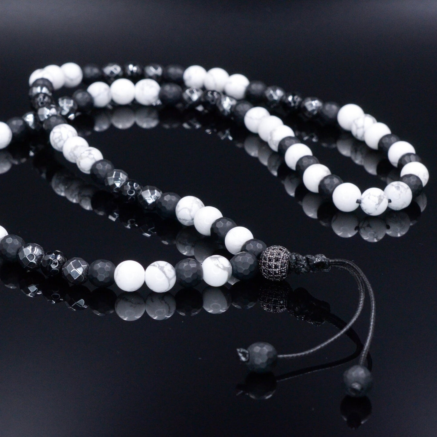 White Howlite Necklace - Men's Black Onyx Hematite Crystal Necklace - Long Beaded Necklace - Gift for Men - Summer Stone Necklace for Him - Shamballa Necklace - Birthstone Necklace - Gemstone Necklace Men - Chakra Necklace - Macrame Necklace - Healing Necklace - Valinde