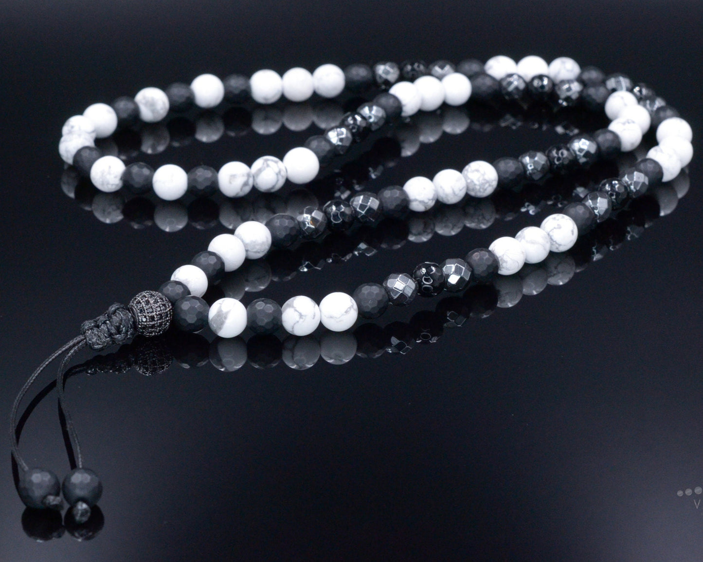 White Howlite Necklace - Men's Black Onyx Hematite Crystal Necklace - Long Beaded Necklace - Gift for Men - Summer Stone Necklace for Him - Shamballa Necklace - Birthstone Necklace - Gemstone Necklace Men - Chakra Necklace - Macrame Necklace - Healing Necklace - Valinde