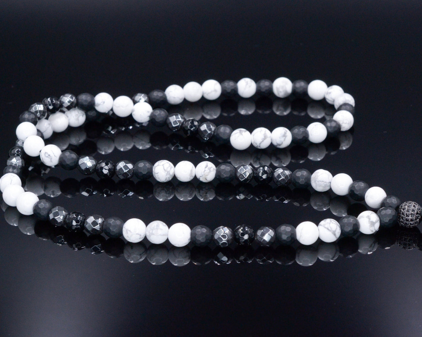 White Howlite Necklace - Men's Black Onyx Hematite Crystal Necklace - Long Beaded Necklace - Gift for Men - Summer Stone Necklace for Him - Shamballa Necklace - Birthstone Necklace - Gemstone Necklace Men - Chakra Necklace - Macrame Necklace - Healing Necklace - Valinde